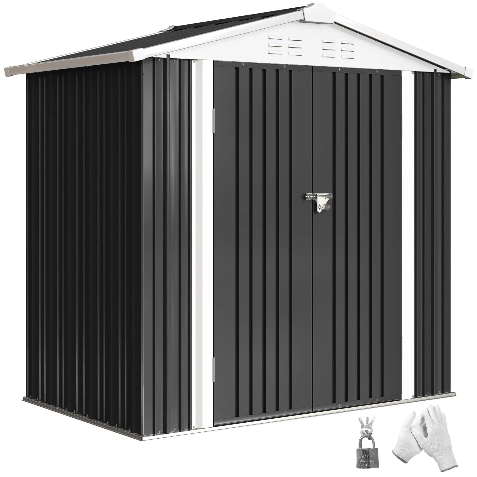 6.5' x 4' Metal Outdoor Storage Shed, Lockable Doors, 4 Vents, Dark Grey Sheds at Gallery Canada
