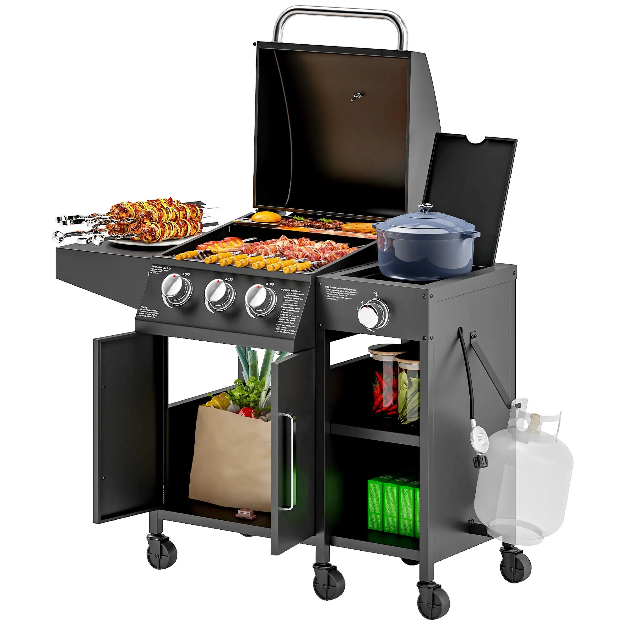 3 Burner Gas Grill With Side Burner, 9.5 KW Propane BBQ Grill, Cabinet Style Propane Gas Grills at Gallery Canada