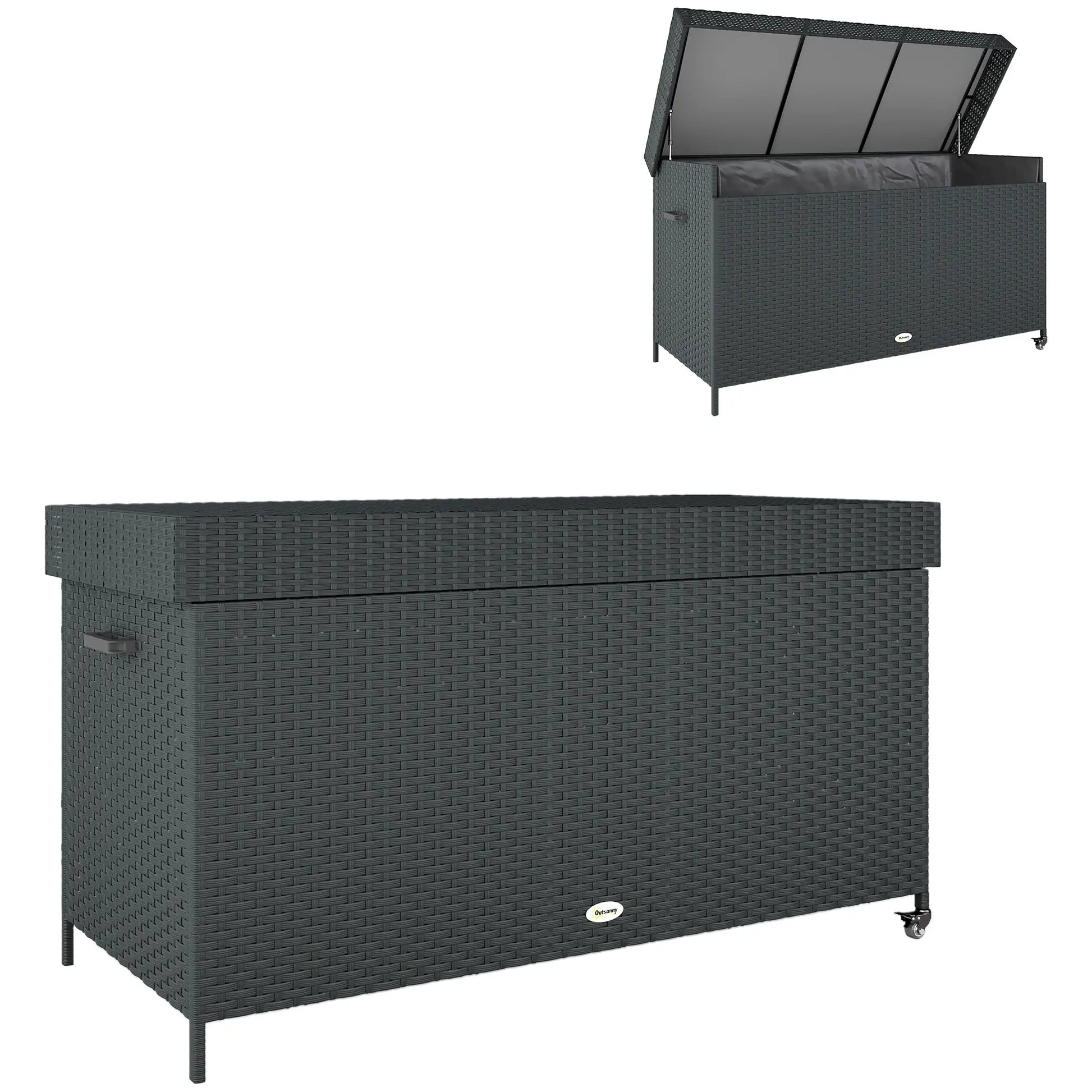 165 Gallon Deck Box, Wicker Outdoor Storage, Waterproof Liner, Black Patio Storage Boxes Black at Gallery Canada