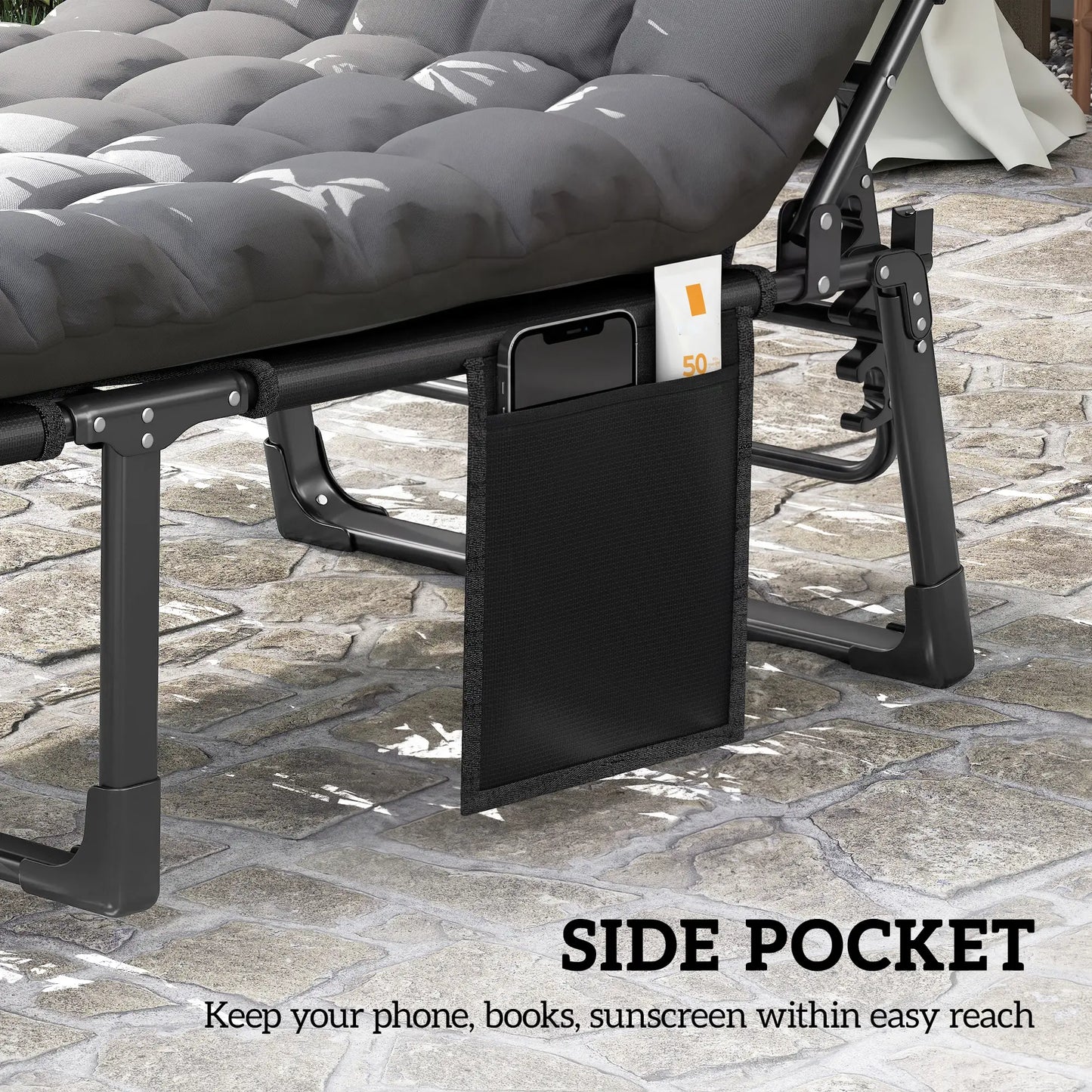 75 cm Wide Folding Chaise Lounge Chair, Cushion, Side Pocket, Dark Grey Lounger Chairs at Gallery Canada