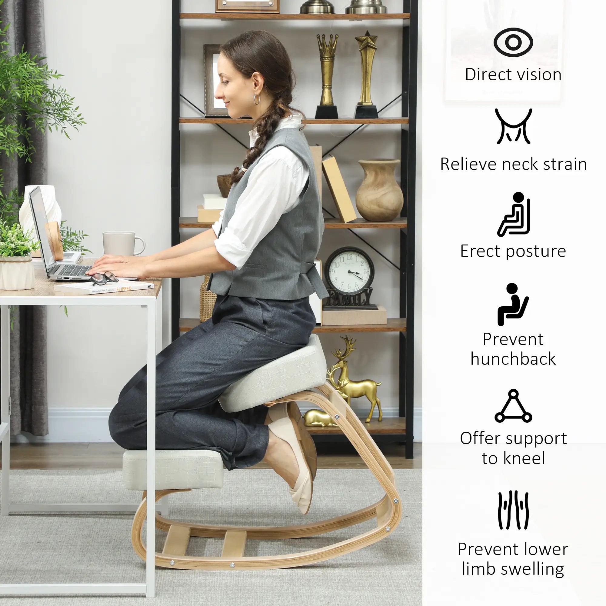Ergonomic Kneeling Chair, Wood Stool with Thick Pads, Cream White Office Chairs at Gallery Canada