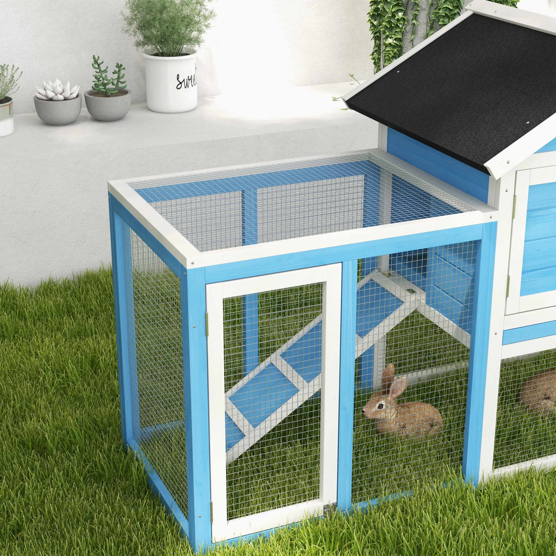 48" Wooden Rabbit Hutch, Slant Roof and Run, Light Blue Rabbit Hutch at Gallery Canada
