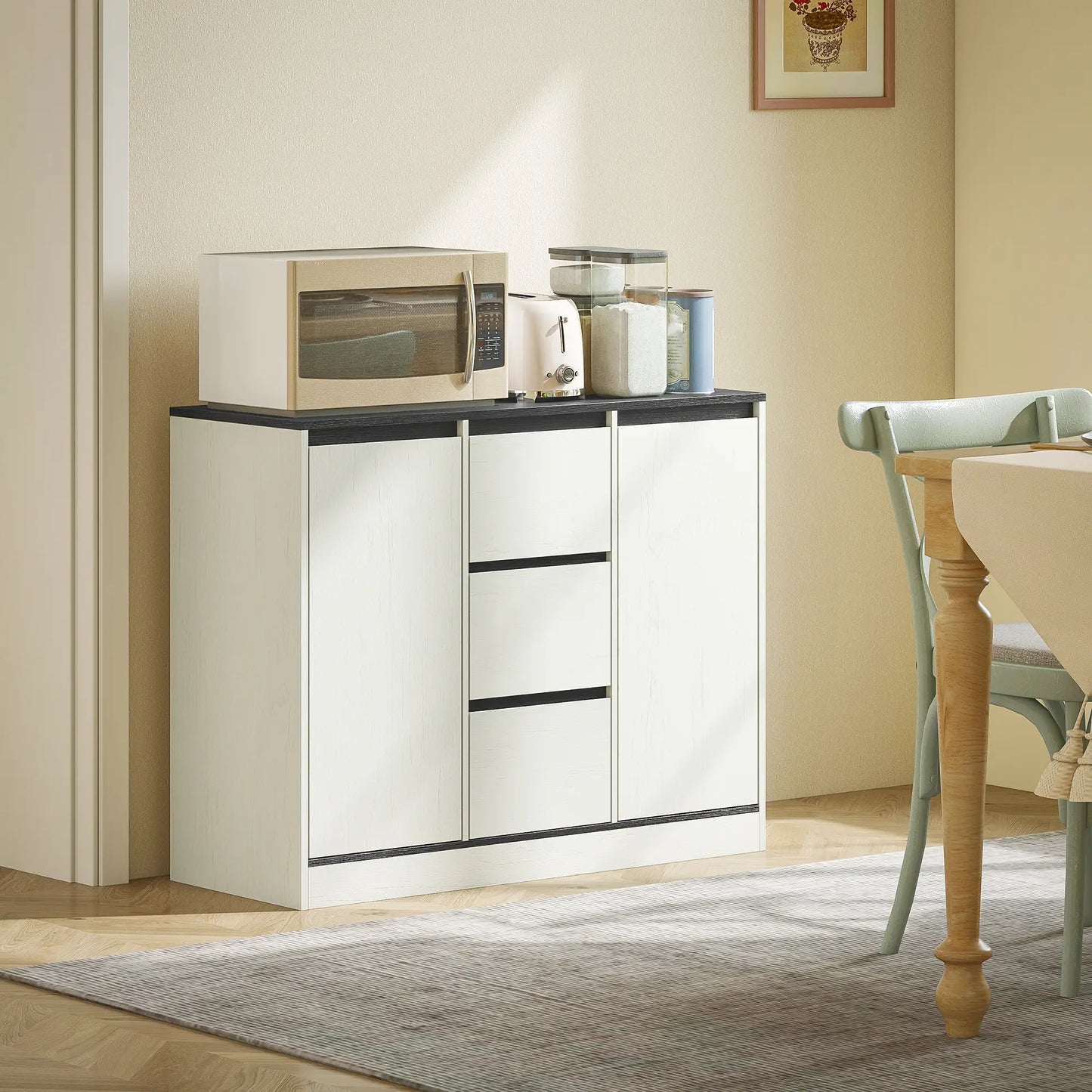 Buffet Cabinet, Soft Close Hinges, 3 Drawers, 2 Shelves, White Wood Grain Storage Cabinets at Gallery Canada