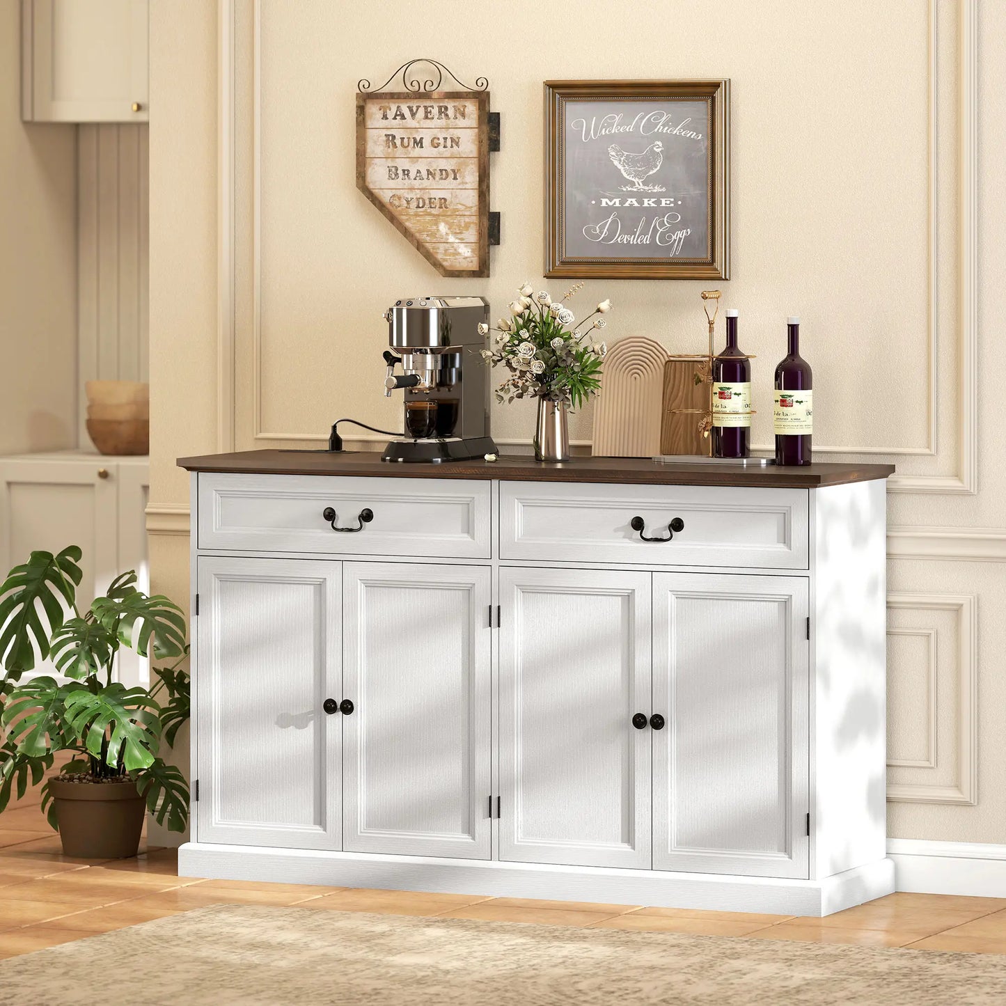 55" Buffet Cabinet, White Wood Grain, Charging Station, 2 Drawers, White Bar Cabinets at Gallery Canada