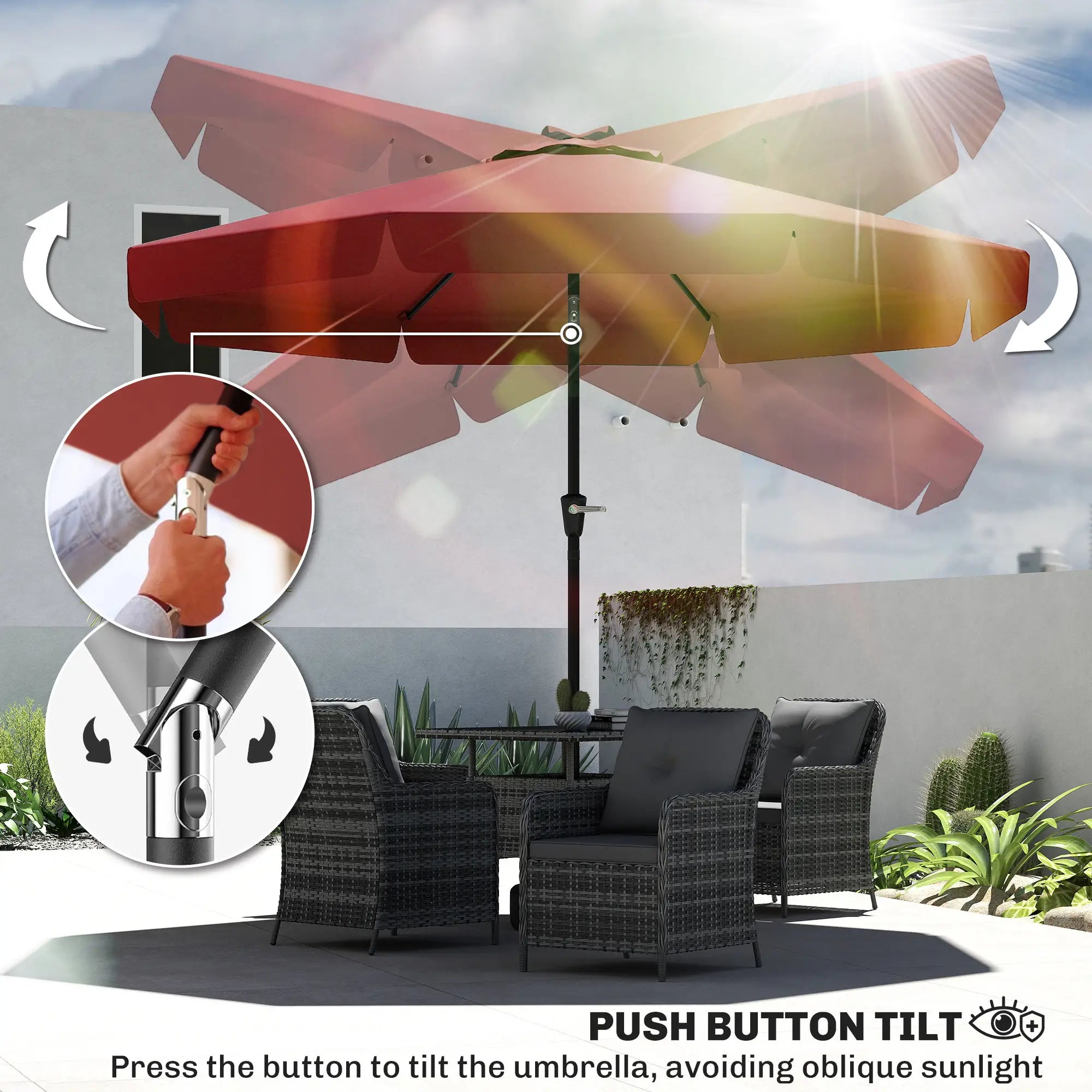 8.5 ft Round Patio Umbrella, Tilt and Crank, Wine Red Sun Umbrellas at Gallery Canada
