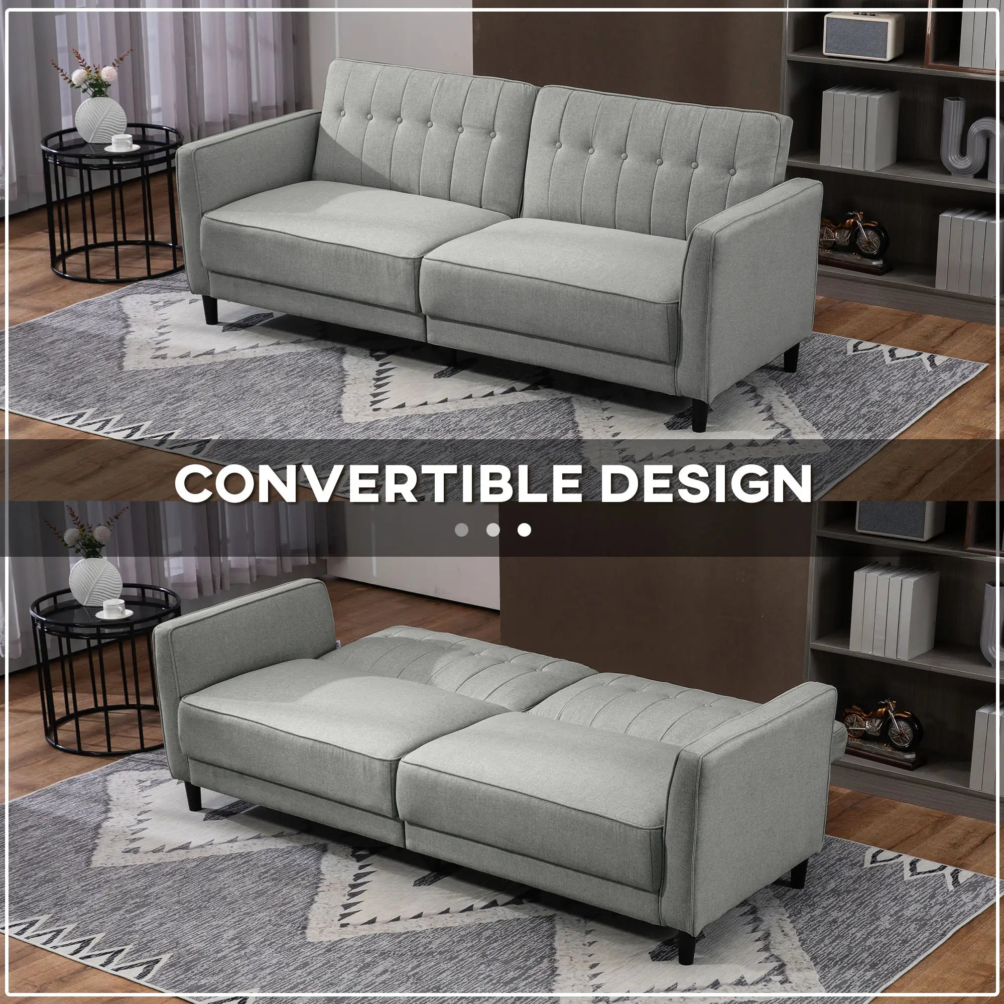 Convertible Bed with Couch, Button Tufted Fabric Sofa Bed, Adjustable Back, Grey 2-Seater Sofas at Gallery Canada