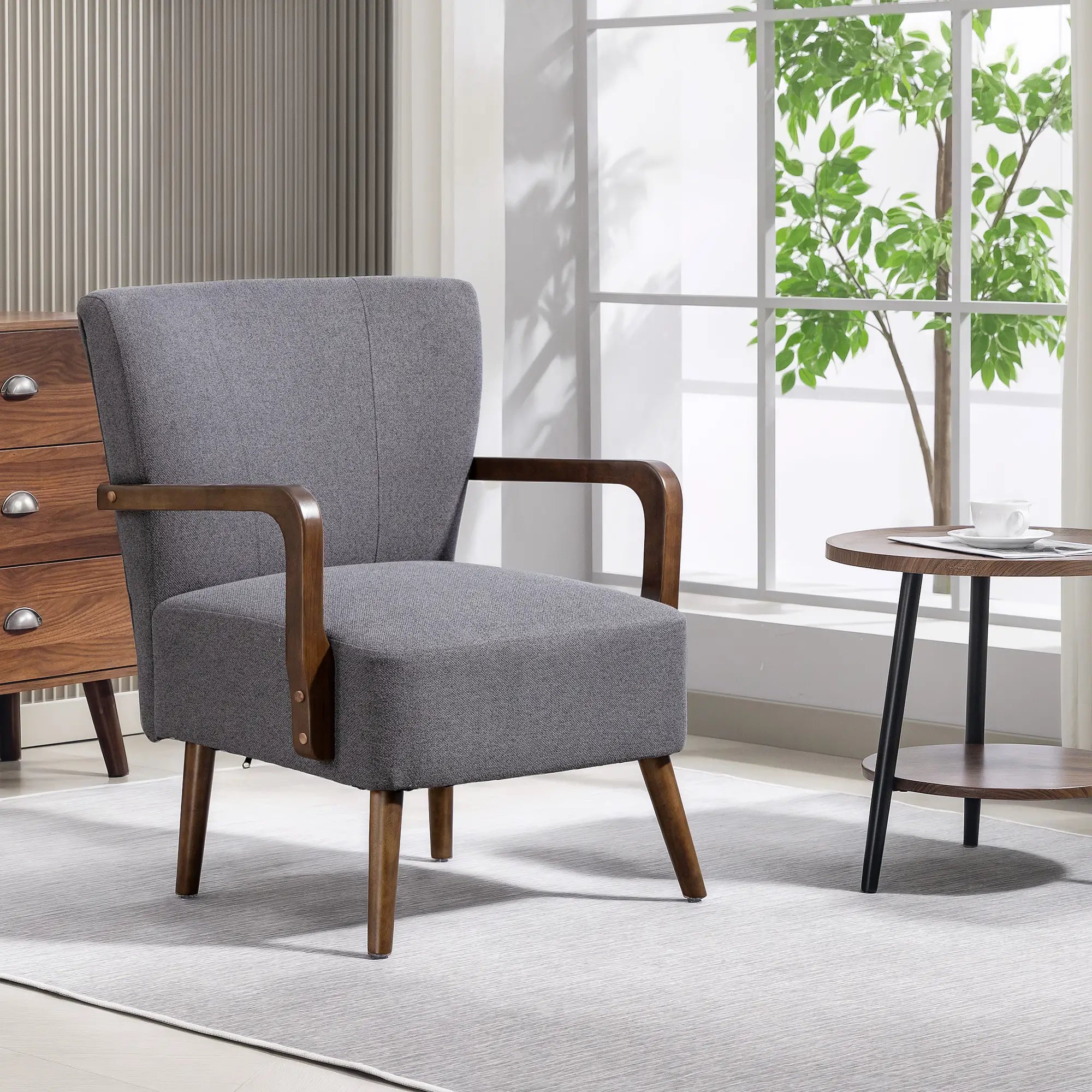 Accent Chair with Wooden Legs, Linen Fabric, Thick Padding, Dark Grey Accent Chairs at Gallery Canada