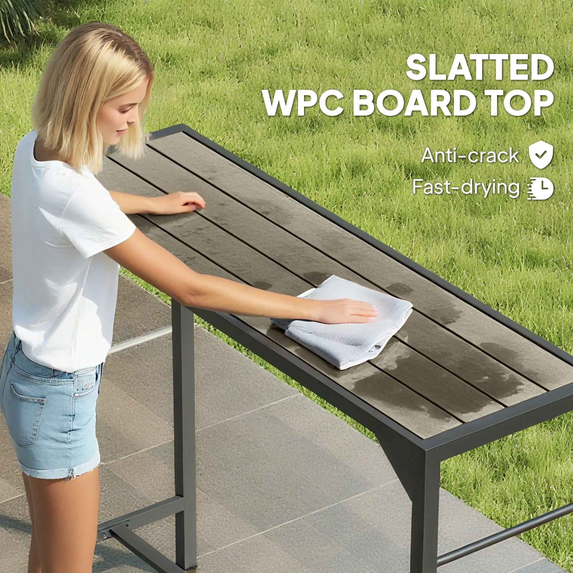 Bar Height Outdoor Table with Built-In Bottle Opener, Patio Bar Table with Wood Grain Plastic Top, 47.2