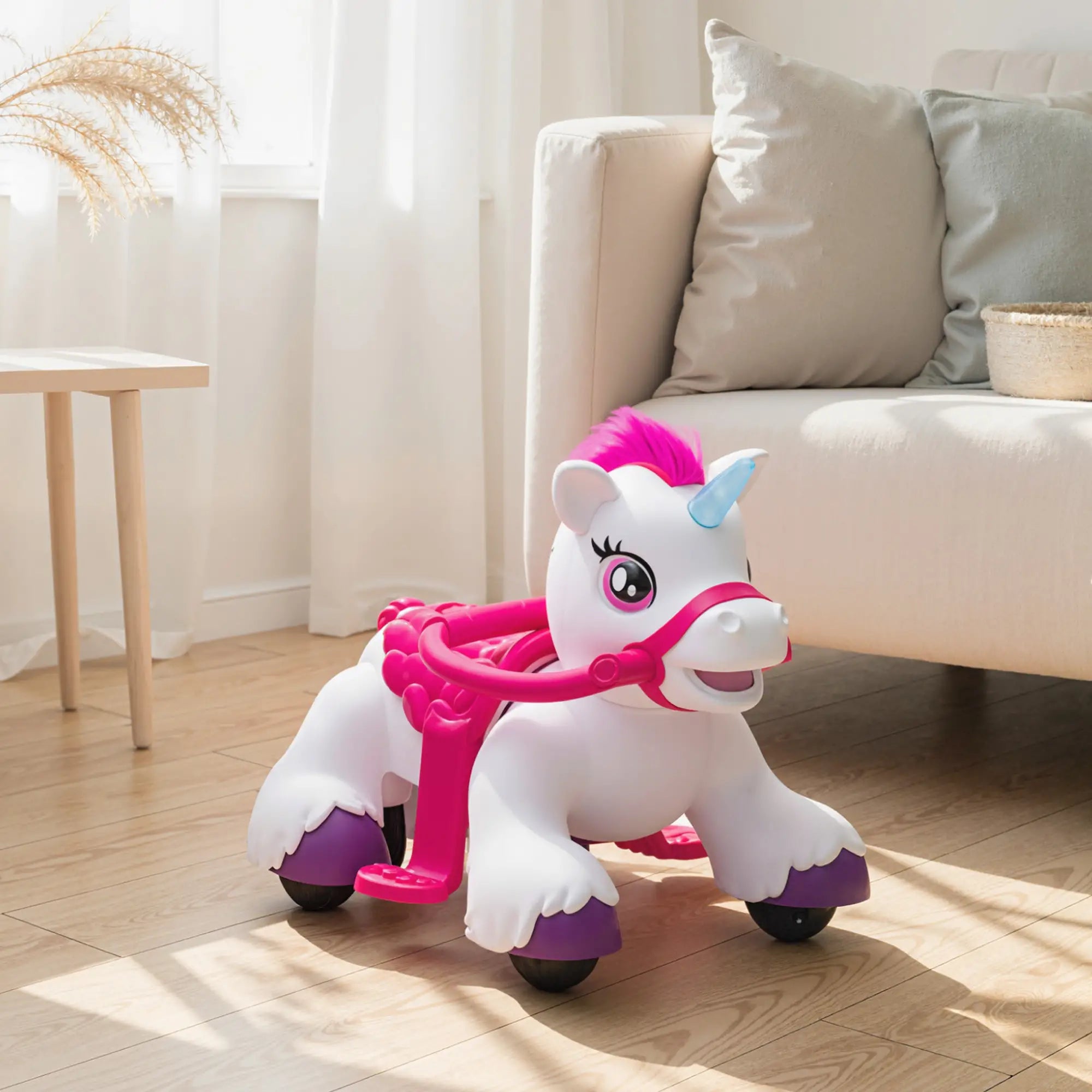12V Unicorn Ride on Toy, Battery Powered, Carrot Toy, Comb, Animal Sounds Rocking Horses at Gallery Canada