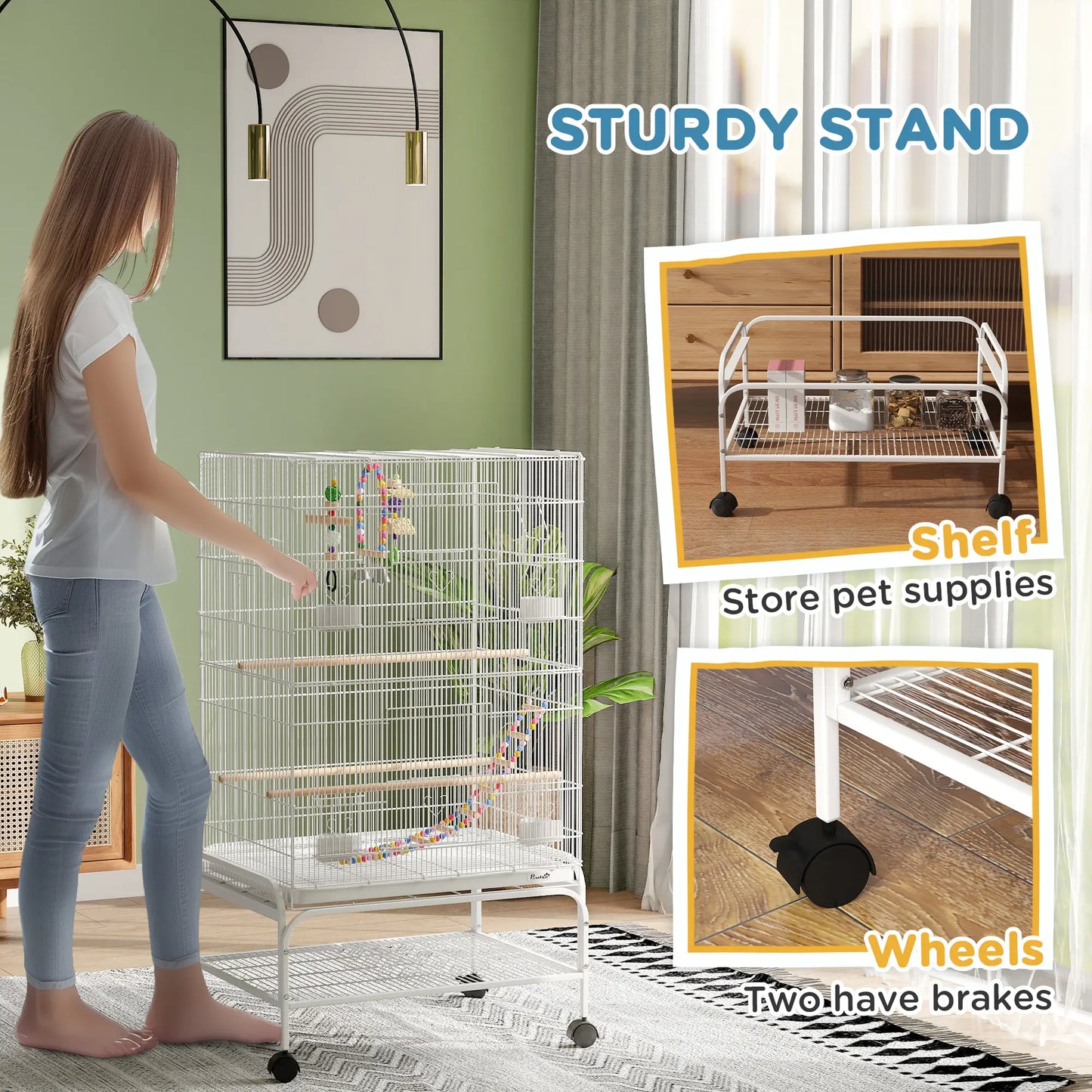 43" Bird Cage With Rolling Stand, Toys, For Budgies Canaries, White Bird Cages at Gallery Canada