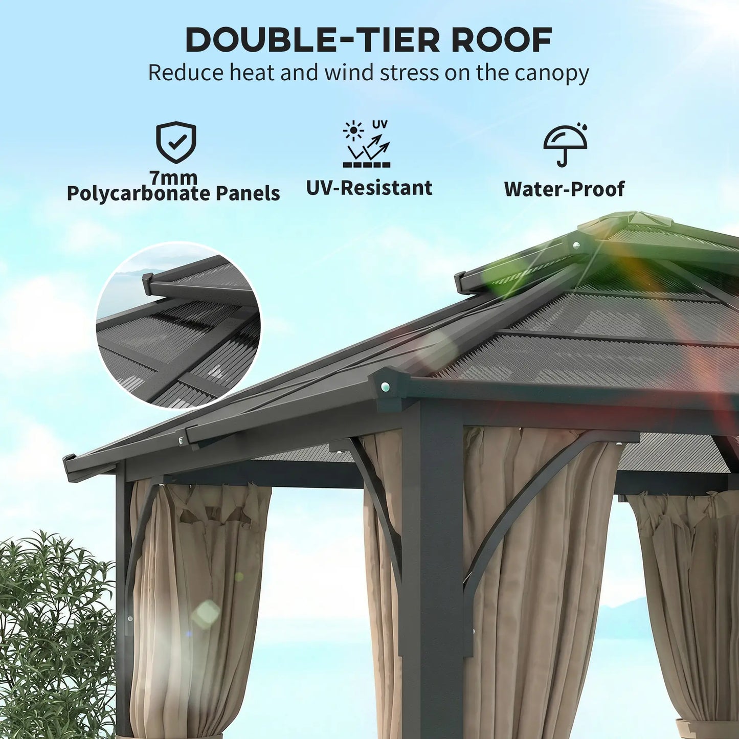 10' x 10' Hardtop Gazebo, 7mm Double Polycarbonate Roof, Netting And Curtains, Khaki Gazebos at Gallery Canada