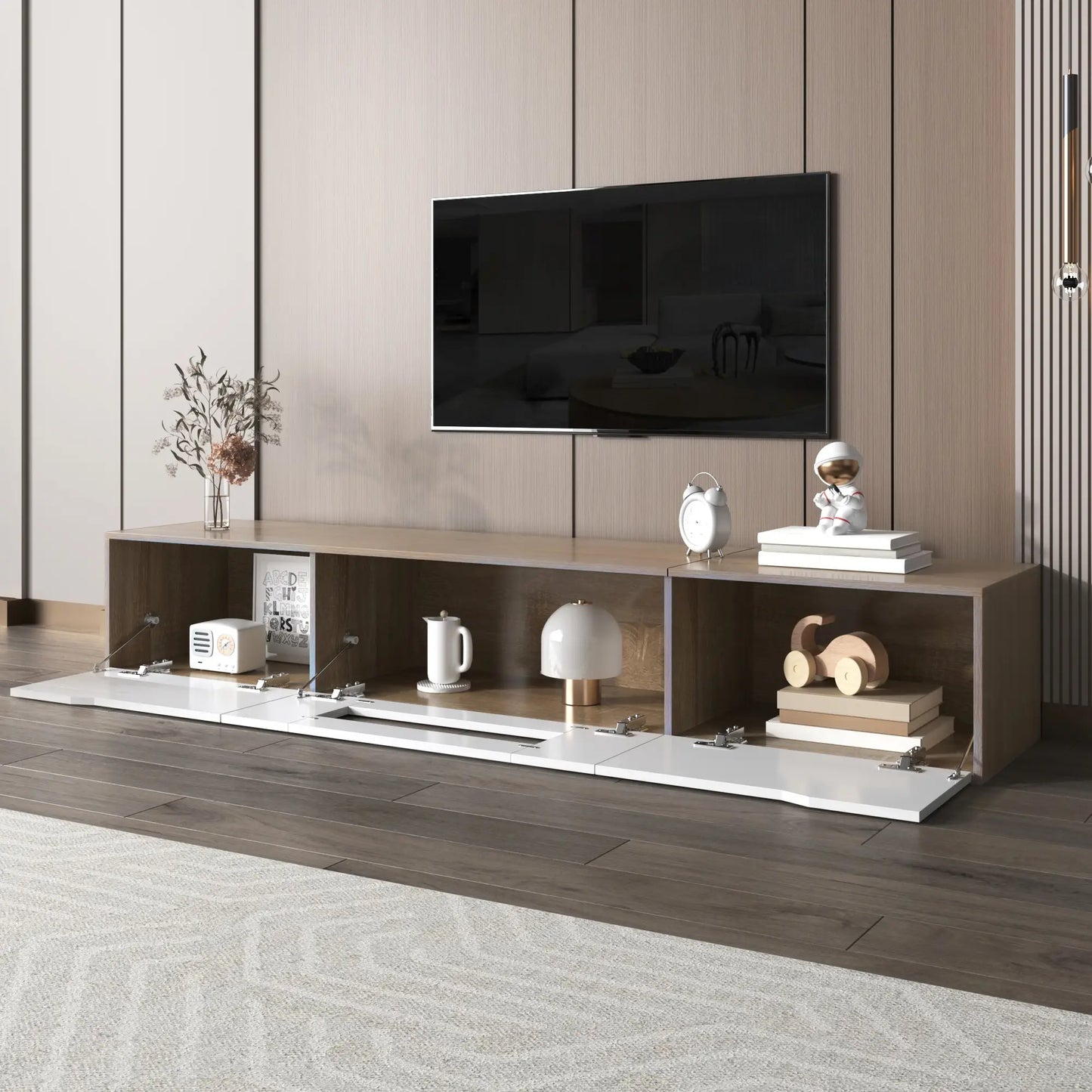 Modern TV Stand With LED Lighting, 71" L x 12" W x 12" H, Wood, White TV Stands at Gallery Canada