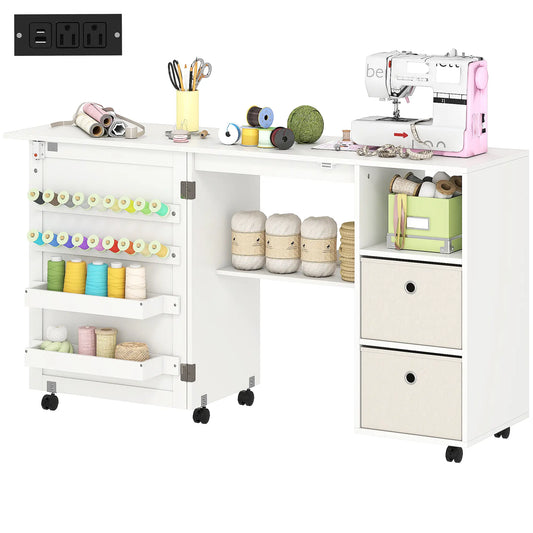 Rolling Sewing Machine Table, Folding Craft Table with Drawers, White Sewing Cabinets White at Gallery Canada