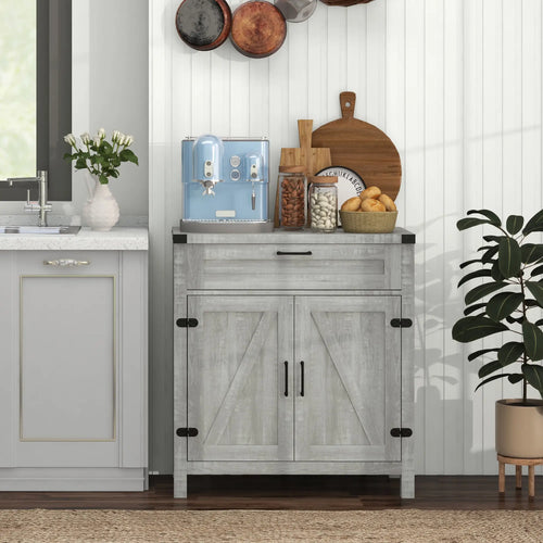 Farmhouse Kitchen Cabinet, Sideboard with 2 Barn Doors, Drawer, Grey