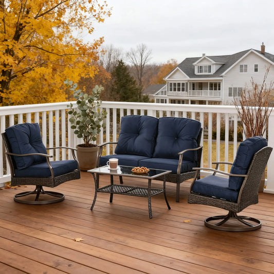 4 Pcs PE Rattan Wicker Sofa Set, Outdoor Conversation Furniture, Navy Blue