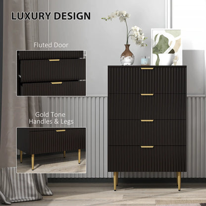Modern 4 Drawer Dresser, Black with Gold Legs, Bedroom Chest, Black, Gold Storage Cabinets at Gallery Canada