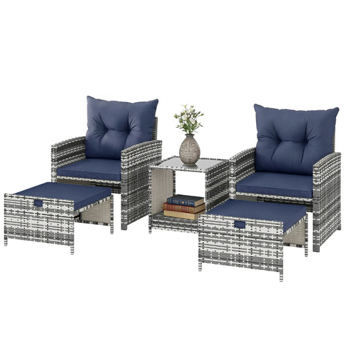 5 Piece Patio Furniture Set, Wicker Chairs With Ottomans, 2-Tier Glass Coffee Table, Grey/Dark Blue
