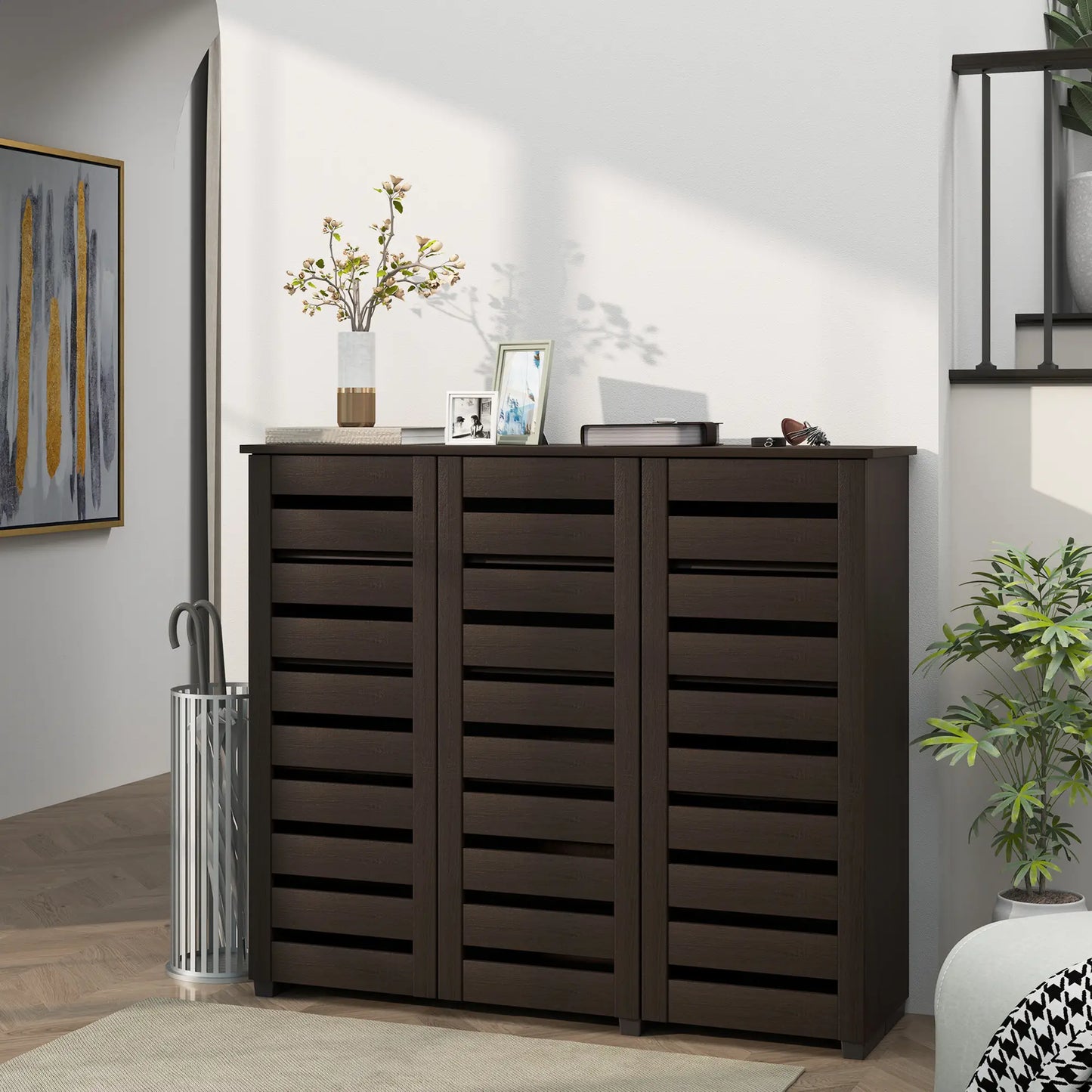 Narrow Shoe Cabinet, Slatted Doors, Adjustable Shelves, 20 Pairs, Dark Brown Shoe Storage Cabinets & Racks at Gallery Canada