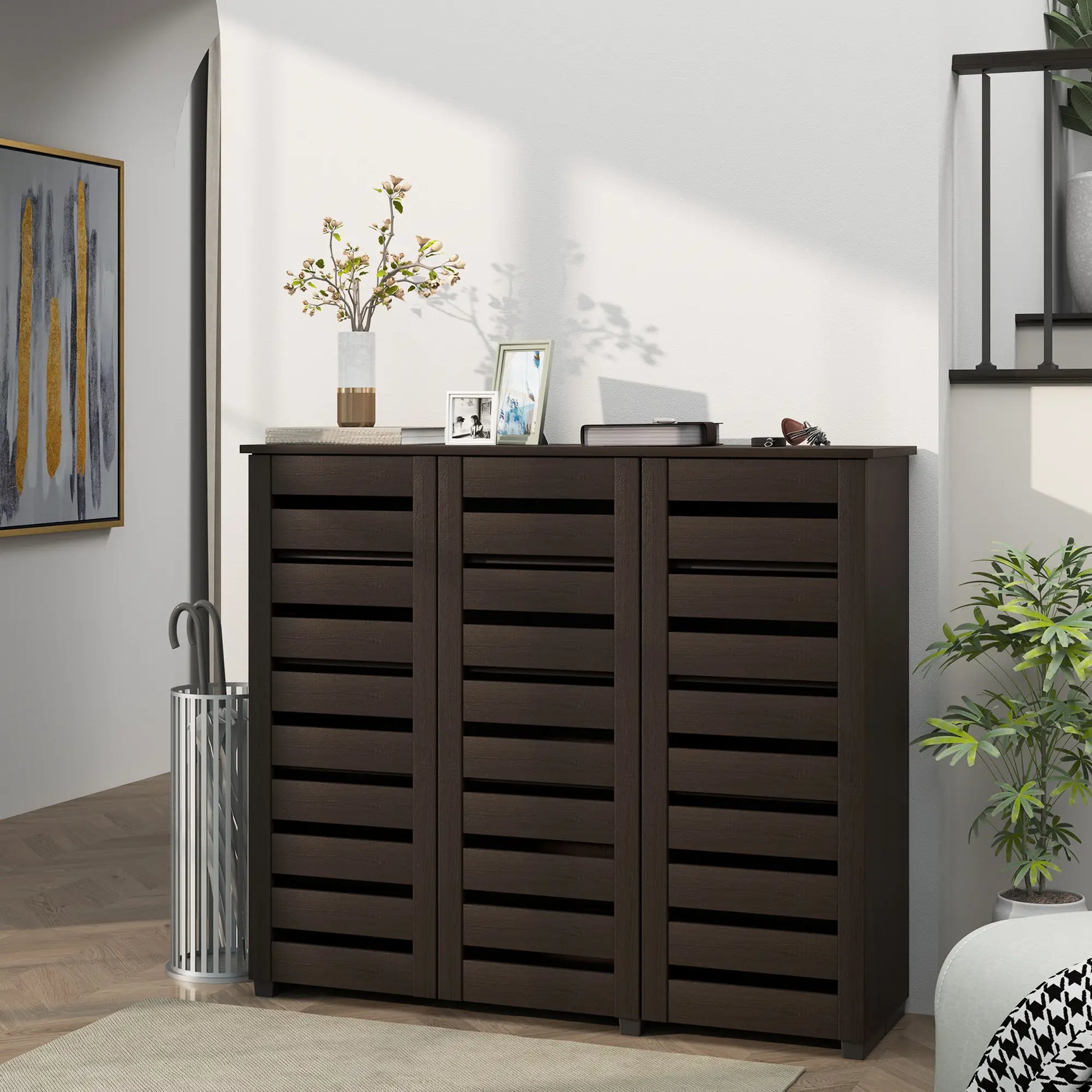 Narrow Shoe Cabinet, Slatted Doors, Adjustable Shelves, 20 Pairs, Dark Brown Shoe Storage Cabinets & Racks at Gallery Canada