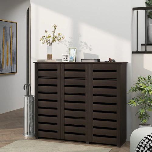 Narrow Shoe Cabinet, Slatted Doors, Adjustable Shelves, 20 Pairs, Dark Brown