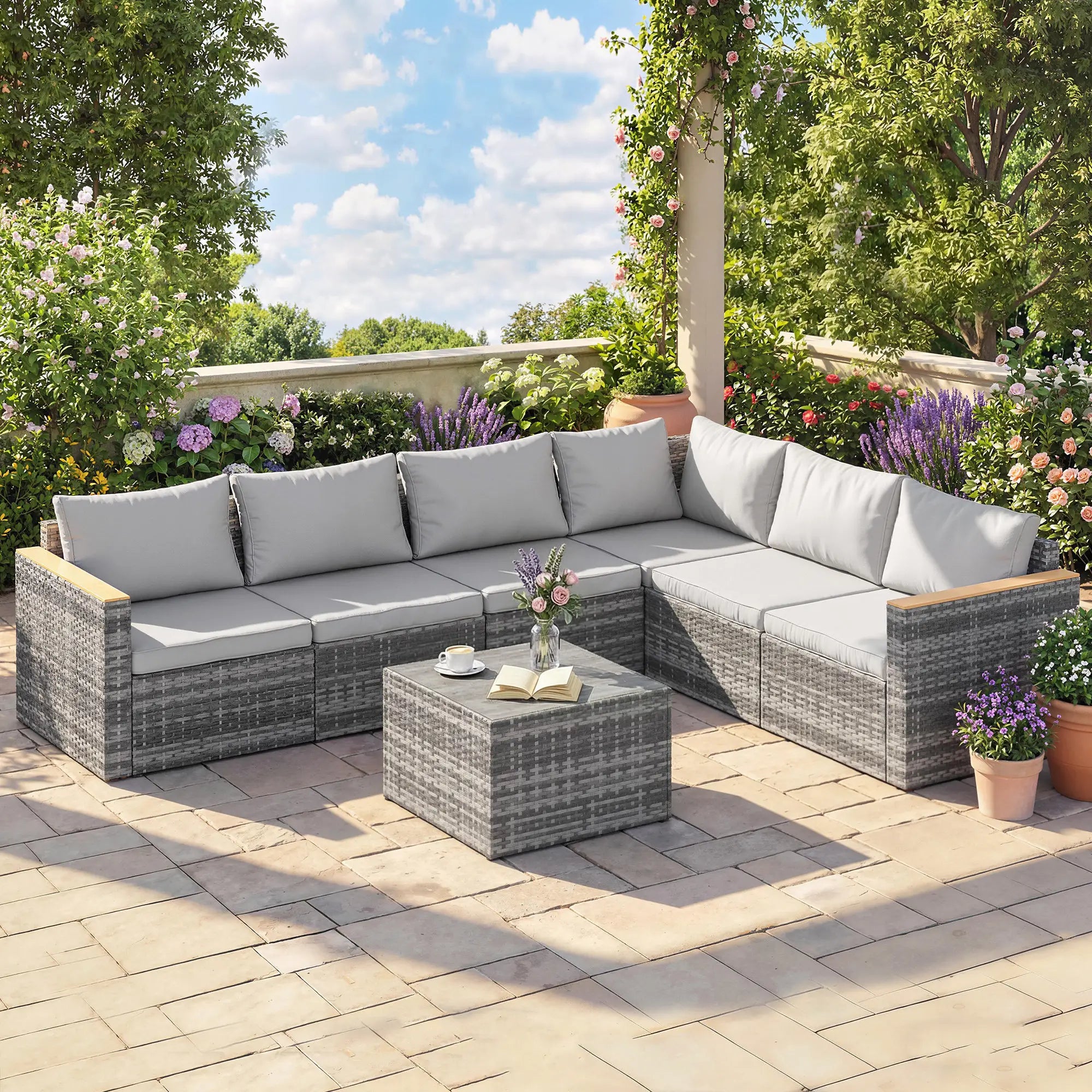 L-Shaped Wicker Patio Furniture Set, 7 Piece, Light Grey Patio Furniture Sets at Gallery Canada