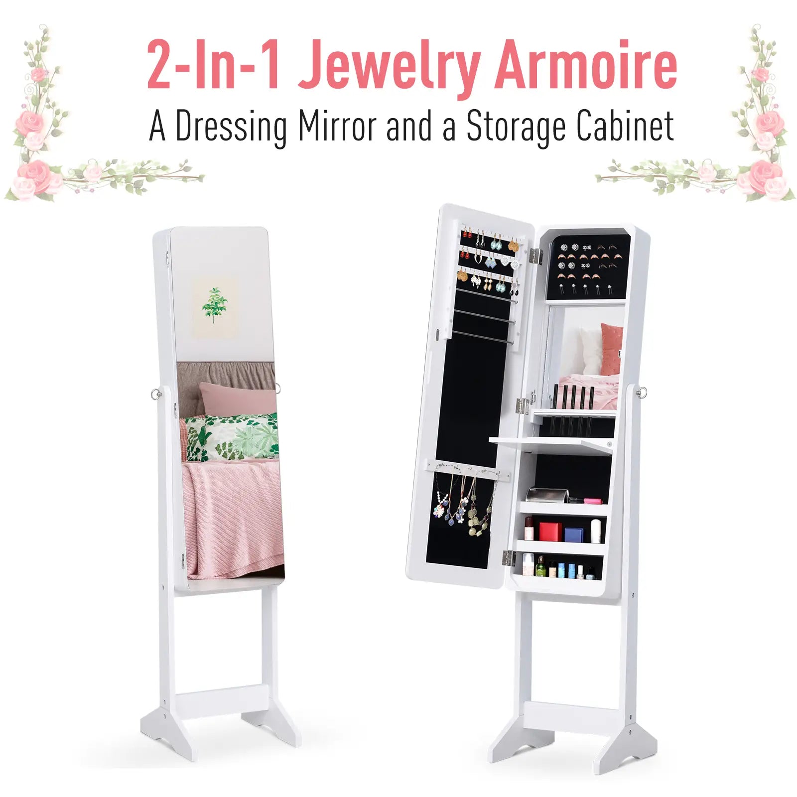 Freestanding Jewelry Cabinet Armoire, LED Lighted Organizer, Adjustable, White Jewelry Armoire & Jewellery Mirror Cabinets at Gallery Canada
