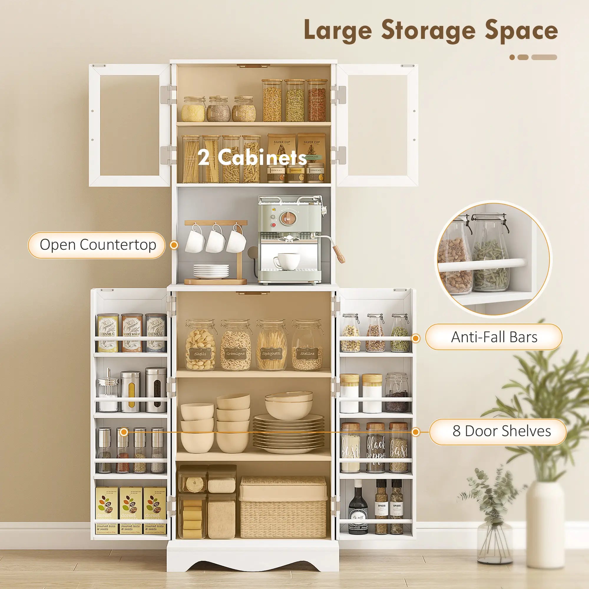 71 Inch Kitchen Pantry Cabinet, Freestanding Hutch with 8 Shelves, White Kitchen Pantry Cabinets at Gallery Canada