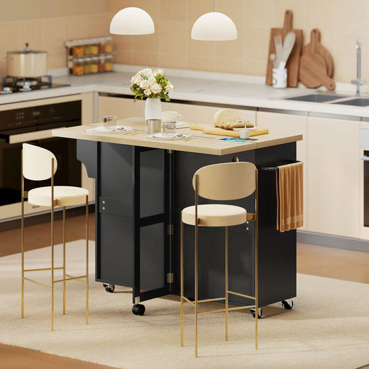 Kitchen Island With Storage, Rolling Cart, Charging Station, Drop Leaf Kitchen Islands & Kitchen Carts Black, Natural Wood at Gallery Canada