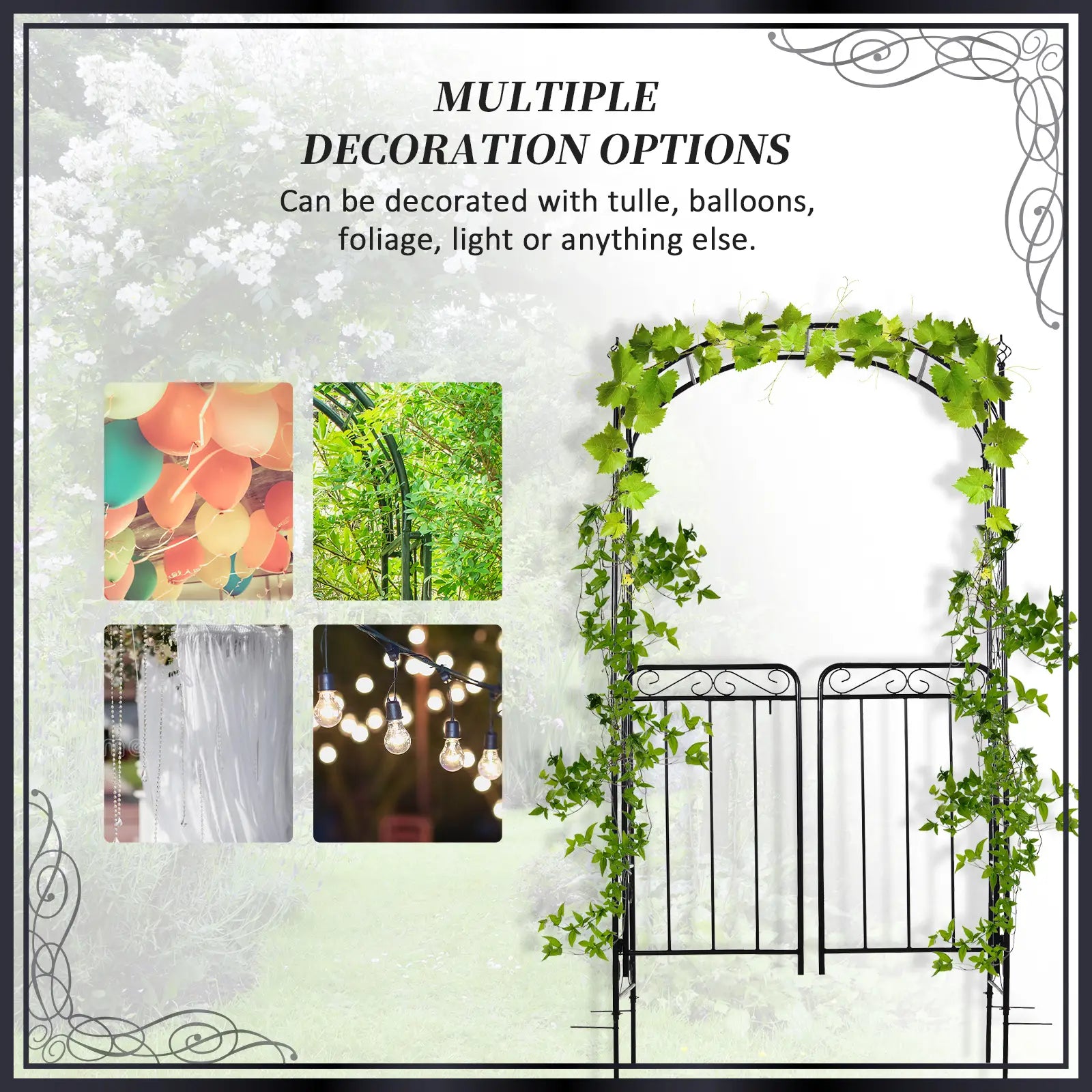7' Metal Garden Arbor Arch, Scrollwork Doors, for Ceremony, Weddings Garden Arches at Gallery Canada