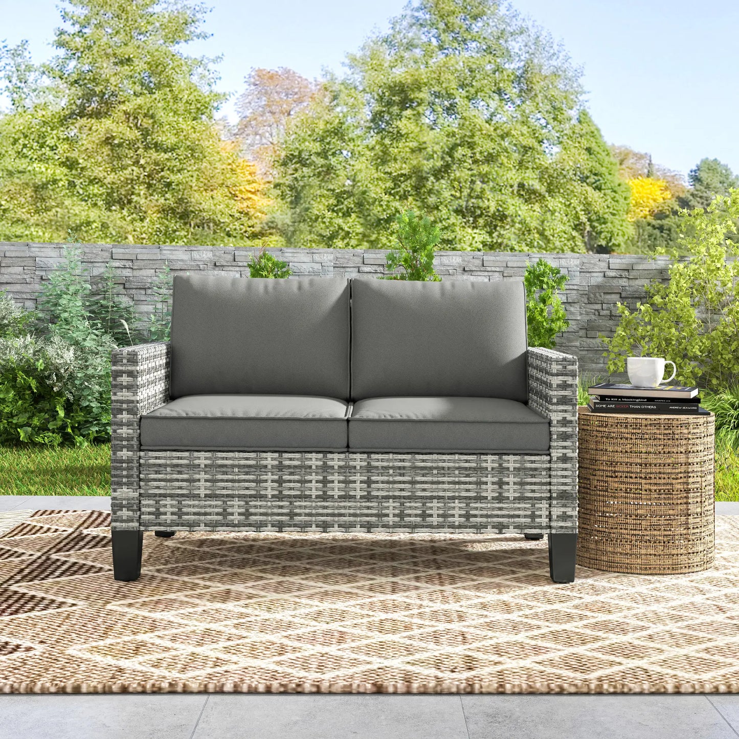 2 Seater Rattan Outdoor Sofa with Cushions, Dark Grey Patio Furniture Sets at Gallery Canada