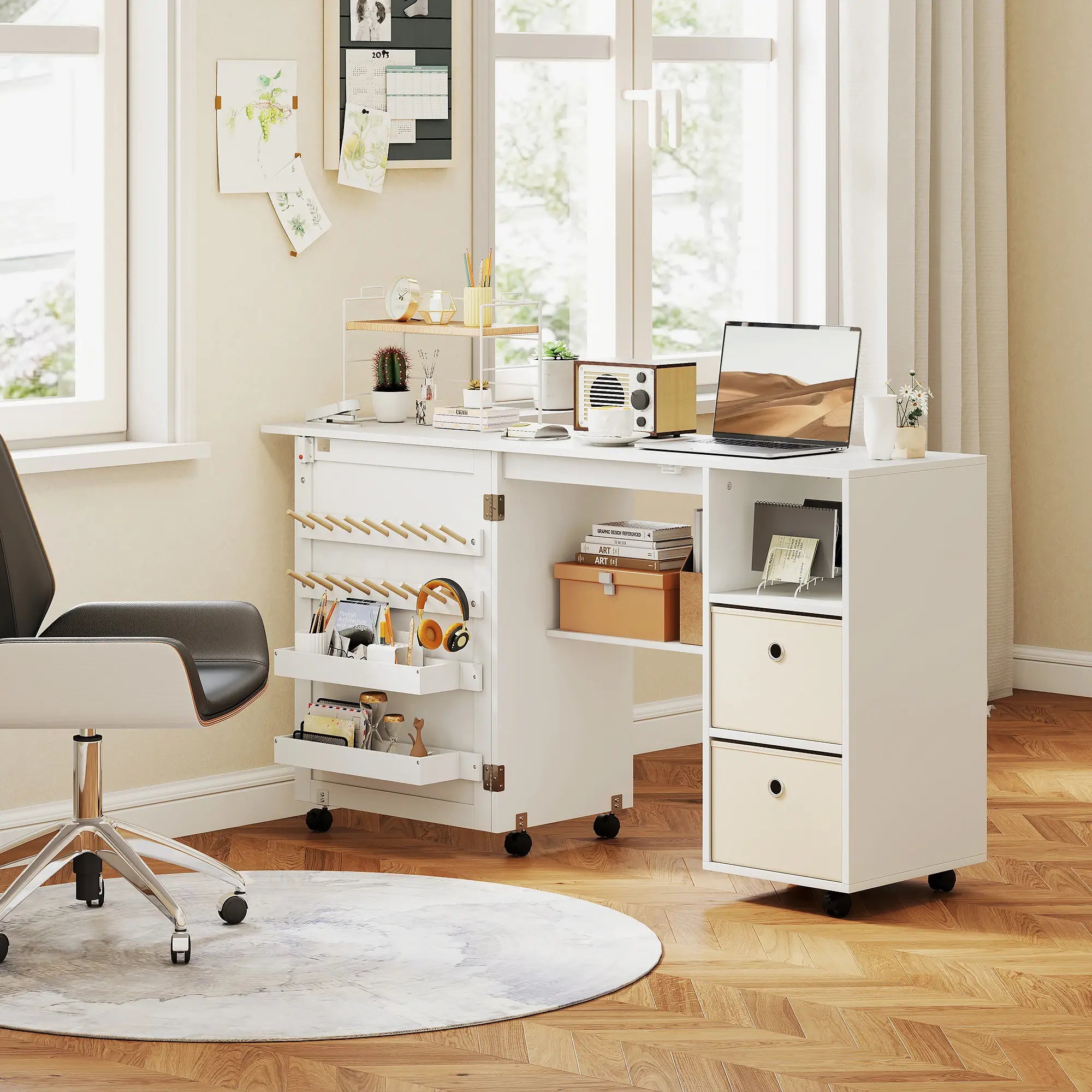Rolling Sewing Machine Table, Folding Craft Table with Drawers, White Sewing Cabinets at Gallery Canada
