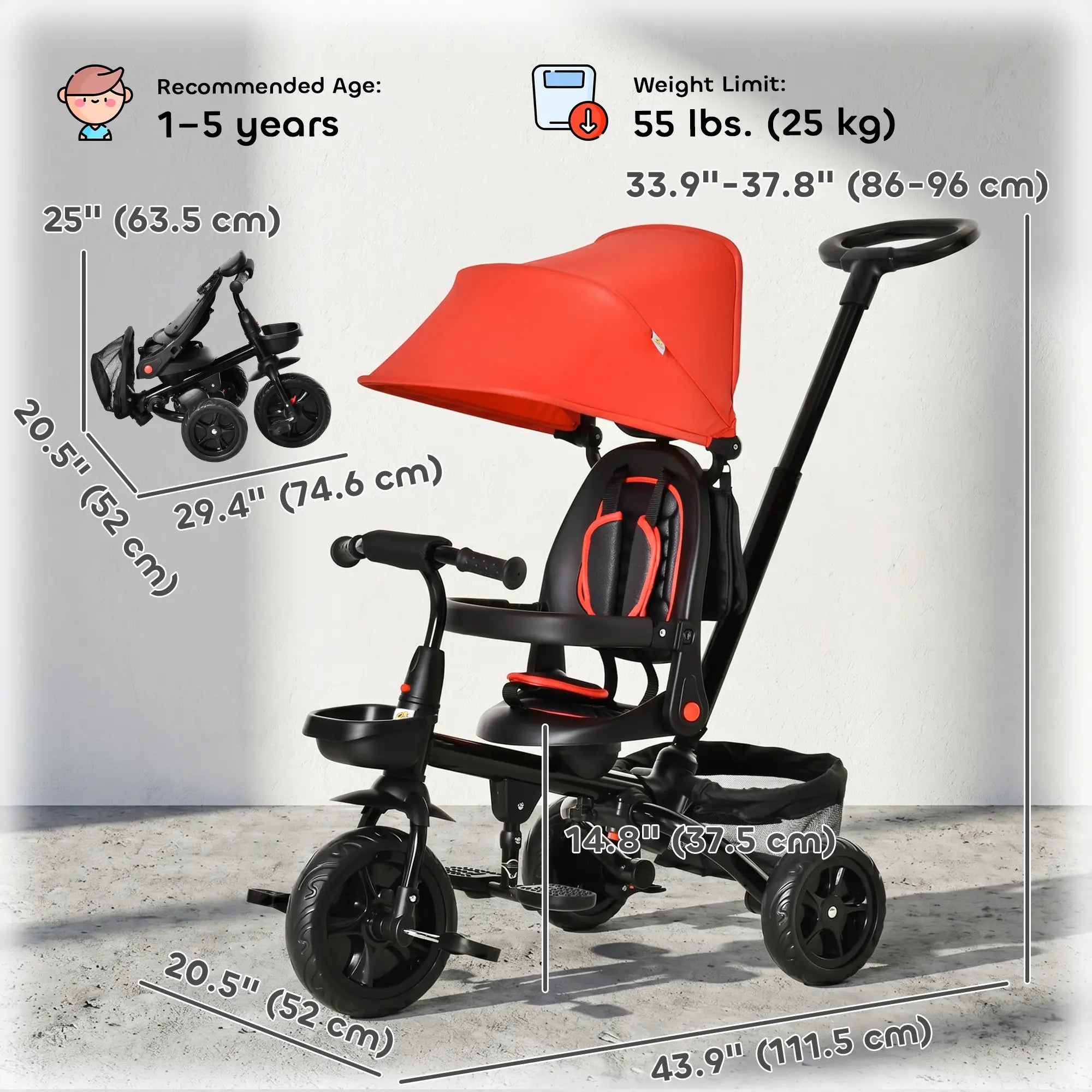 Toddler Tricycle, 4 in 1 Kids Trike, Adjustable Seat, Push Bike, Red Tricycles for Kids at Gallery Canada