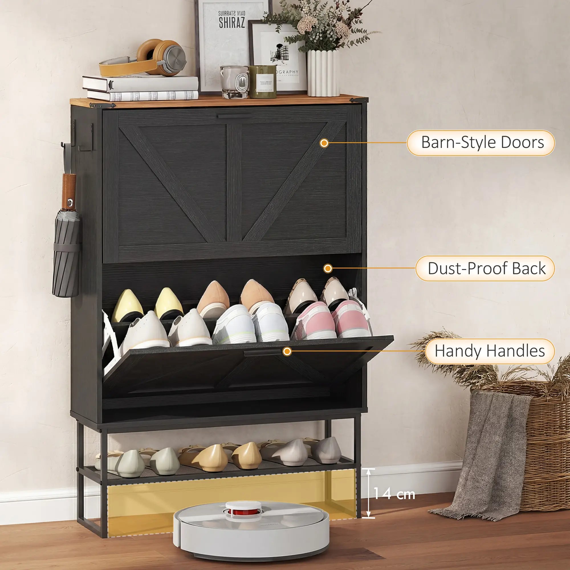 Narrow Shoe Storage Cabinet with 2 Flip Drawers, Black Shoe Storage Cabinets & Racks at Gallery Canada