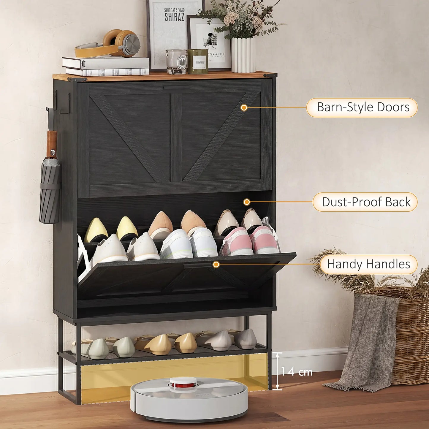 Narrow Shoe Storage Cabinet with 2 Flip Drawers, Black Shoe Storage Cabinets & Racks at Gallery Canada