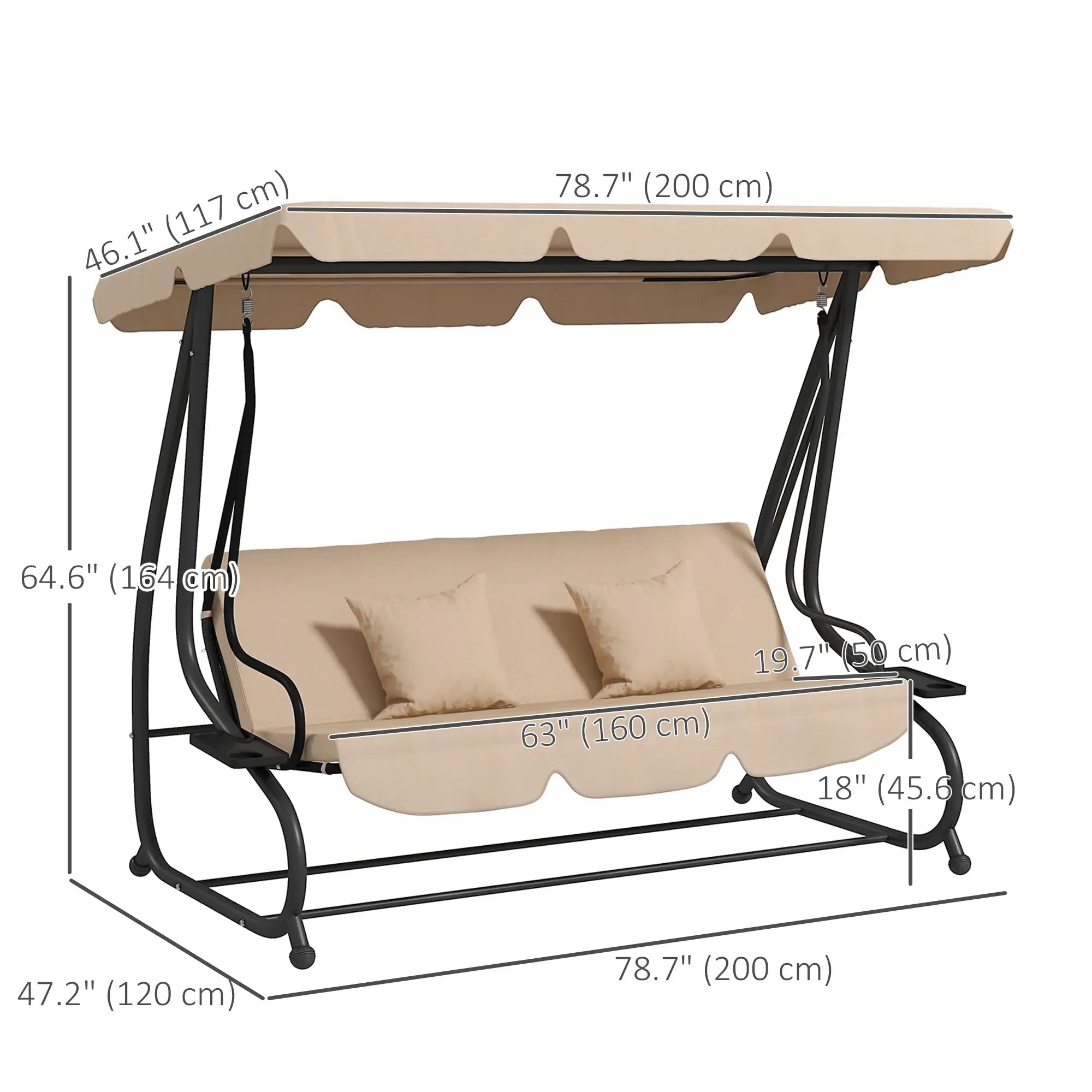 3-Seat Outdoor Swing Chair, Adjustable Canopy, Removable Cushions, Light Brown Porch Swings with Canopy at Gallery Canada