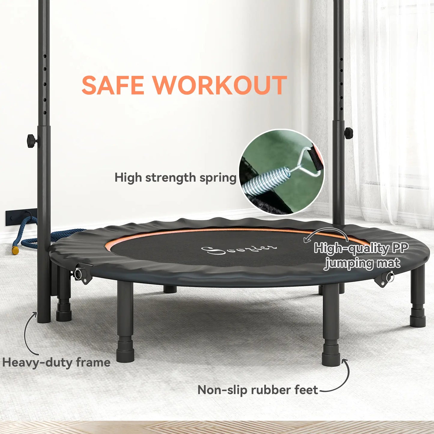 45" Foldable Mini Fitness Trampoline, Adjustable Foam Handle, Orange Trampolines at Gallery Canada