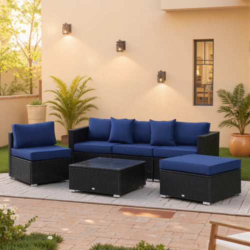 6-Piece Outdoor PE Rattan Sofa Set, Thick Cushions, Glass Top Table, Dark Blue, Black