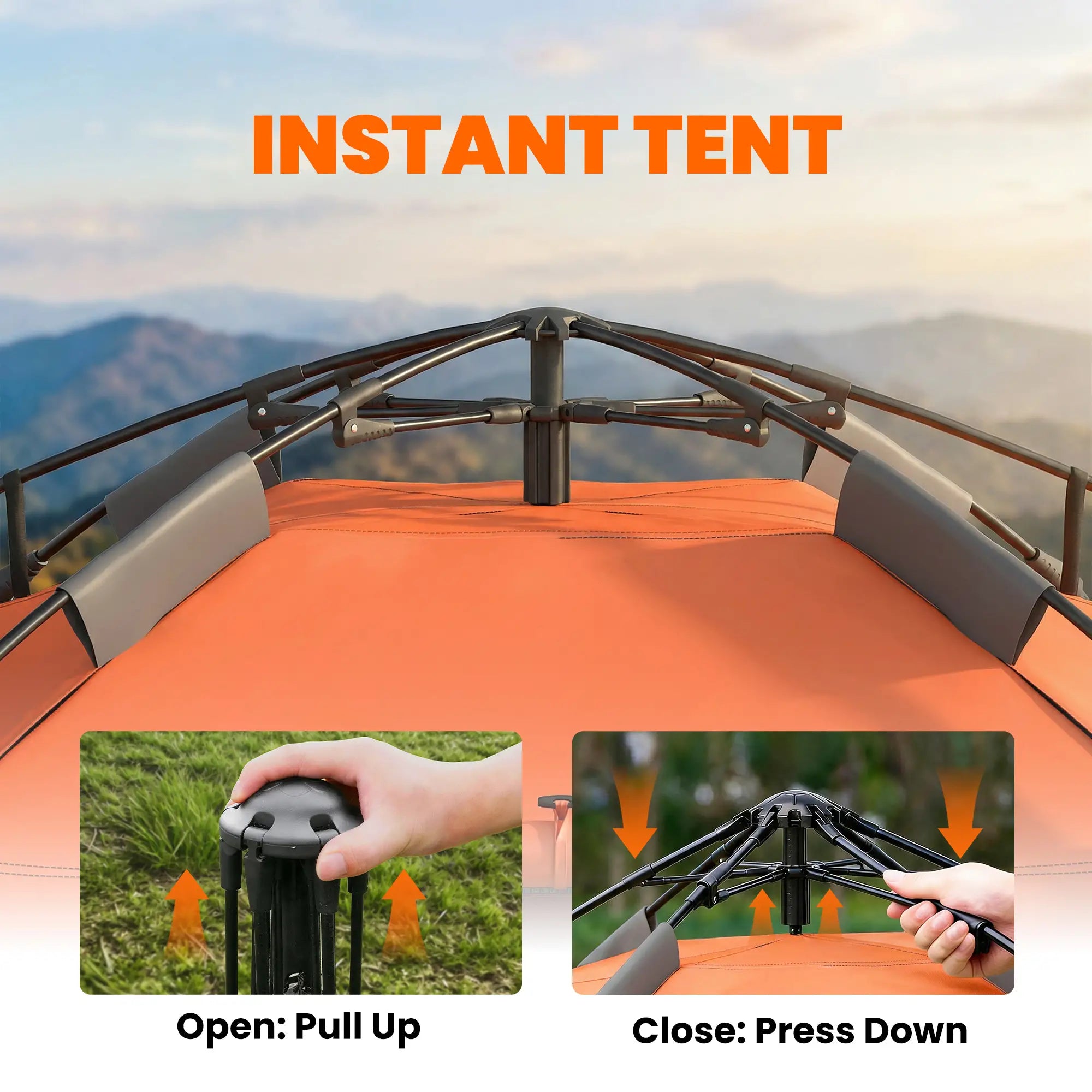Pop up Camping Tent, 3-4 Man Family Tent, 3000mm Waterproof, with Carry Bag and Top Hook, Dark Grey and Orange Camping Tents at Gallery Canada