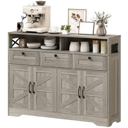 Grey Sideboard, Buffet Cabinet With 4 Barn Doors, 3 Drawers, Grey