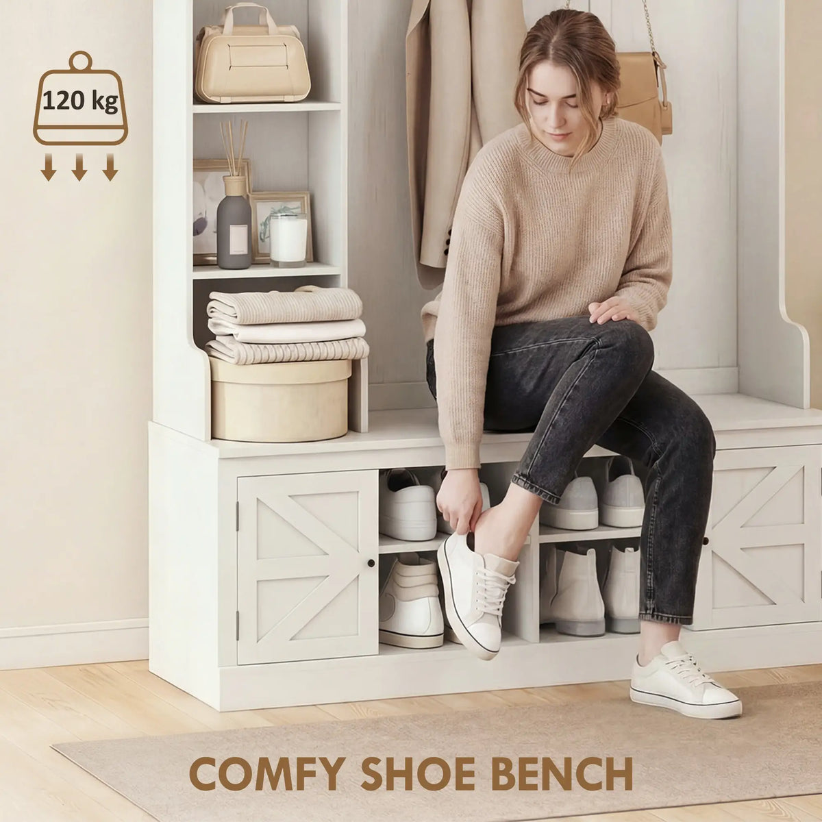 Hall Tree Bench With Shoe Storage, 12 Shelves, 2 Cabinets, 5 Hooks, White Clothing Storage at Gallery Canada