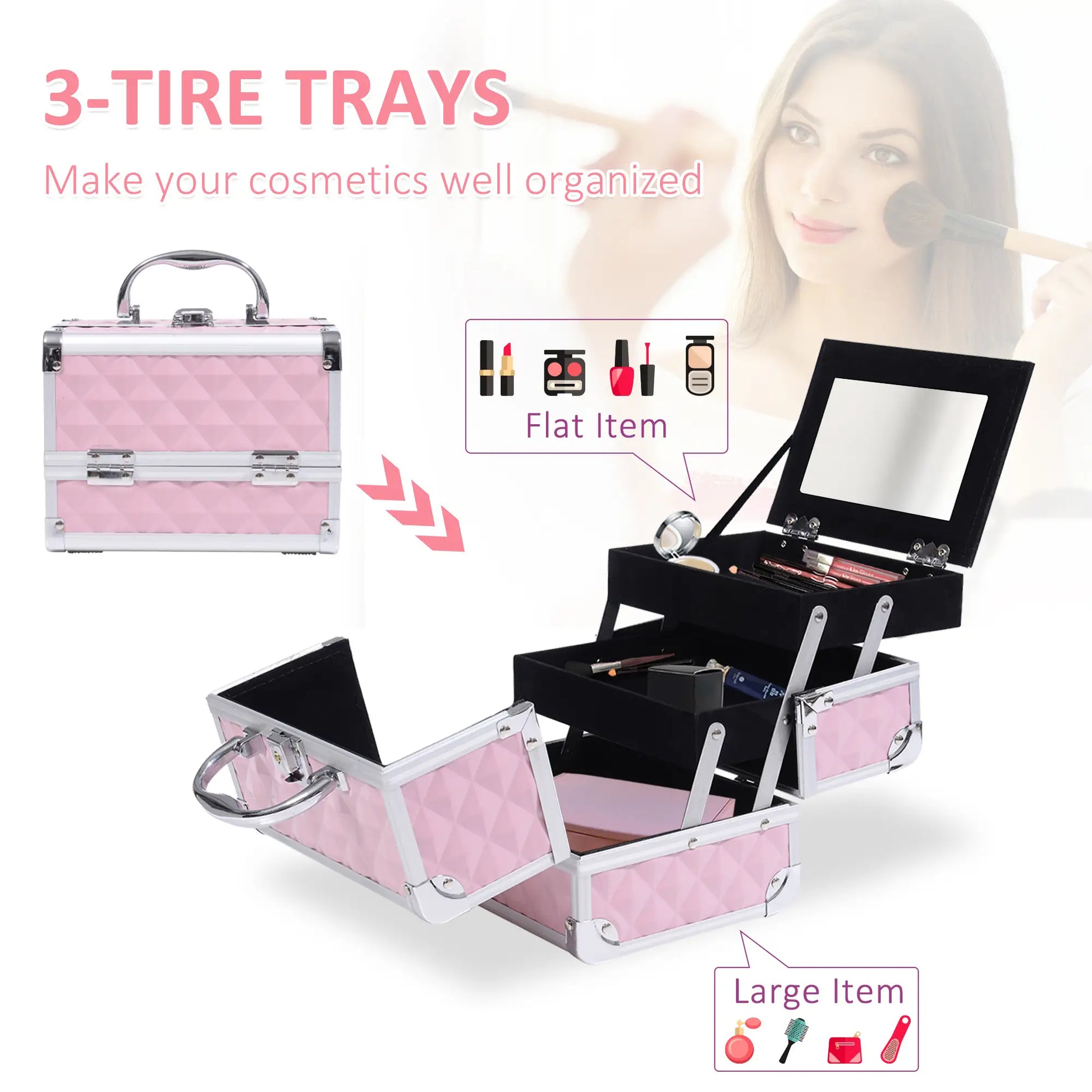 3 Tier Diamond Texture Makeup Case, Cosmetic Organizer with Mirror, Pink Makeup Cases at Gallery Canada
