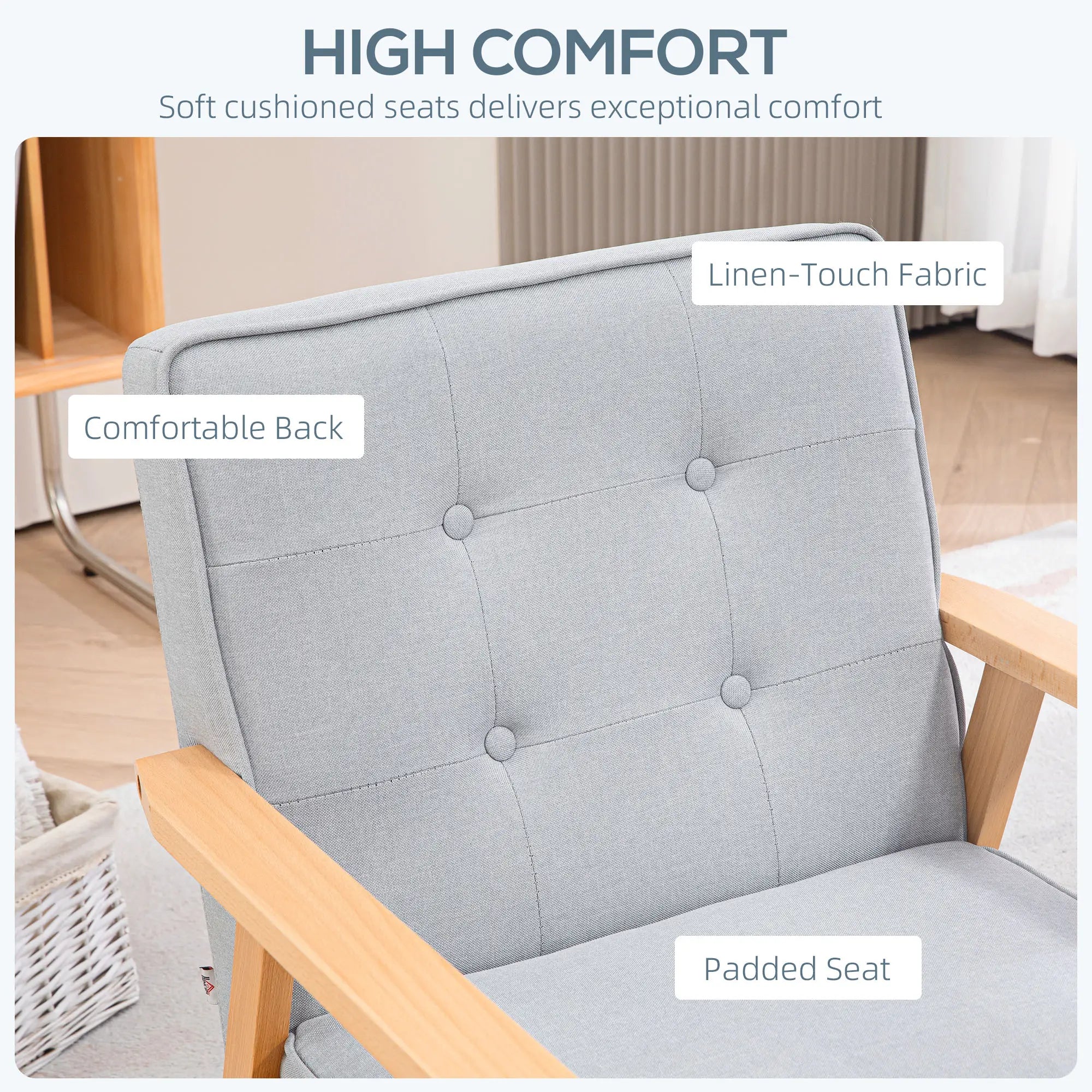 Modern Armchair Fabric, Accent Chair with Tufted Back, Wood Legs and Thick Padding for Living Room, Bedroom, Light Grey Accent Chairs at Gallery Canada