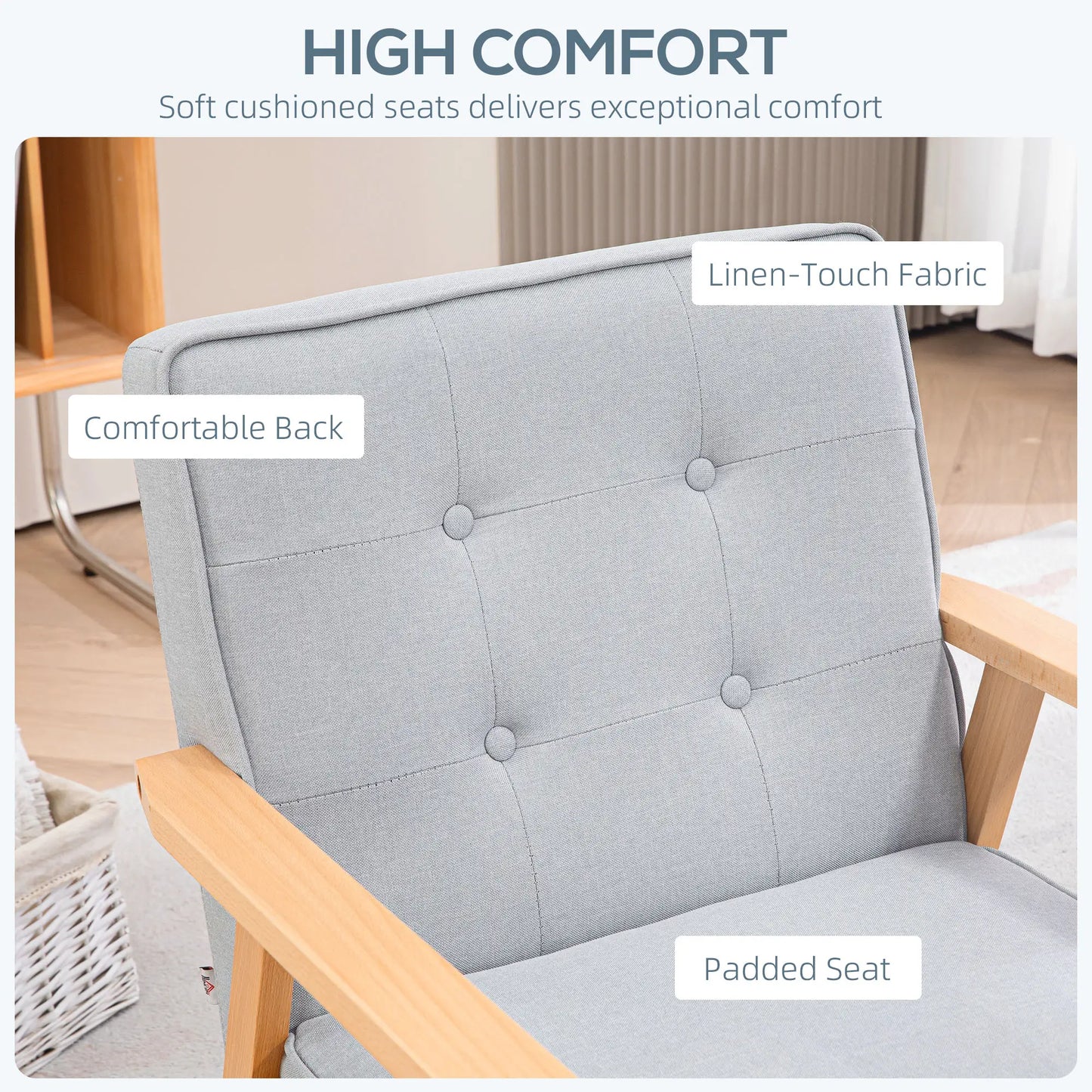 Modern Armchair Fabric, Accent Chair with Tufted Back, Wood Legs and Thick Padding for Living Room, Bedroom, Light Grey Accent Chairs at Gallery Canada