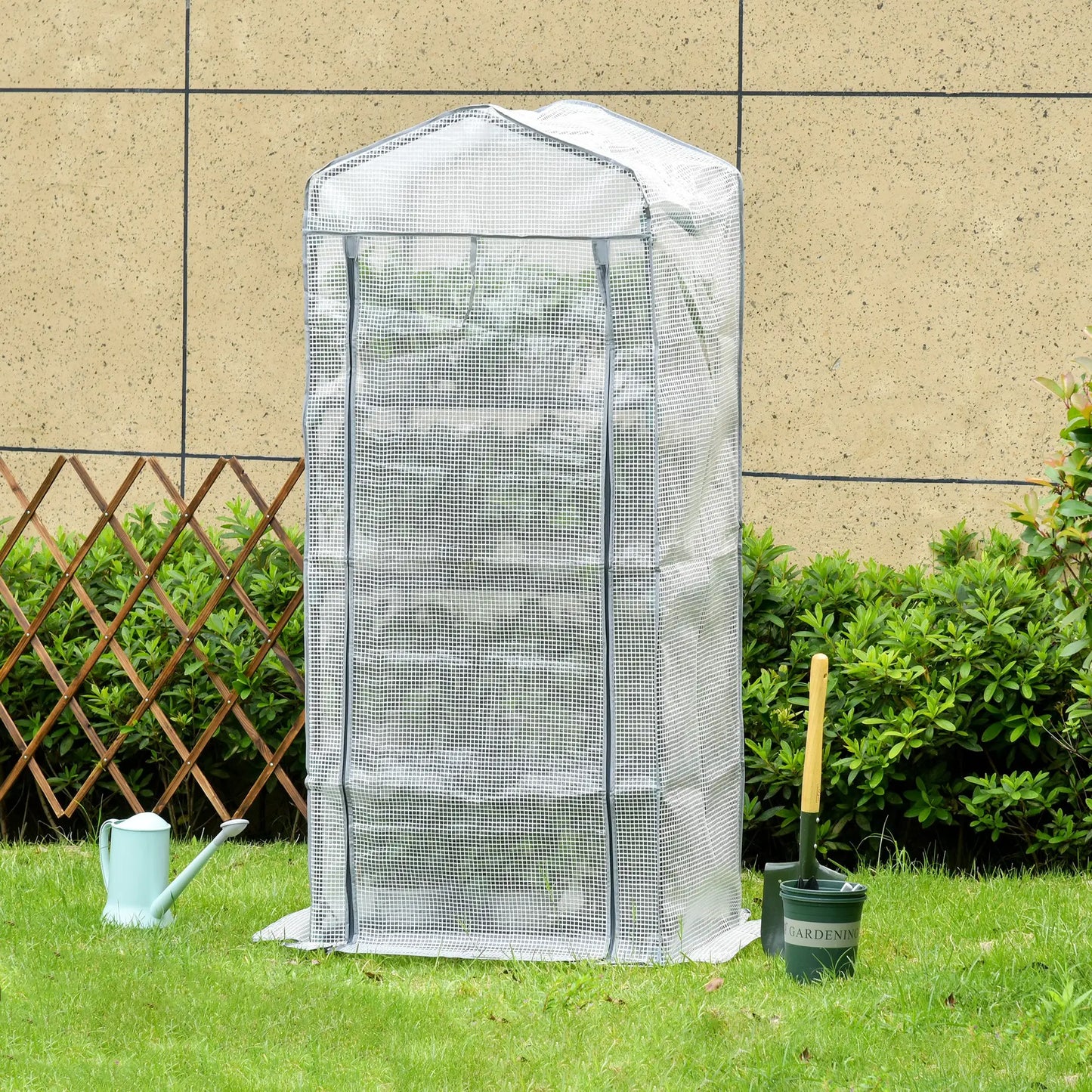 Portable Greenhouse With 4 Tier Shelves, Steel Frame, PE Cover, 28" x 20" x 63", White