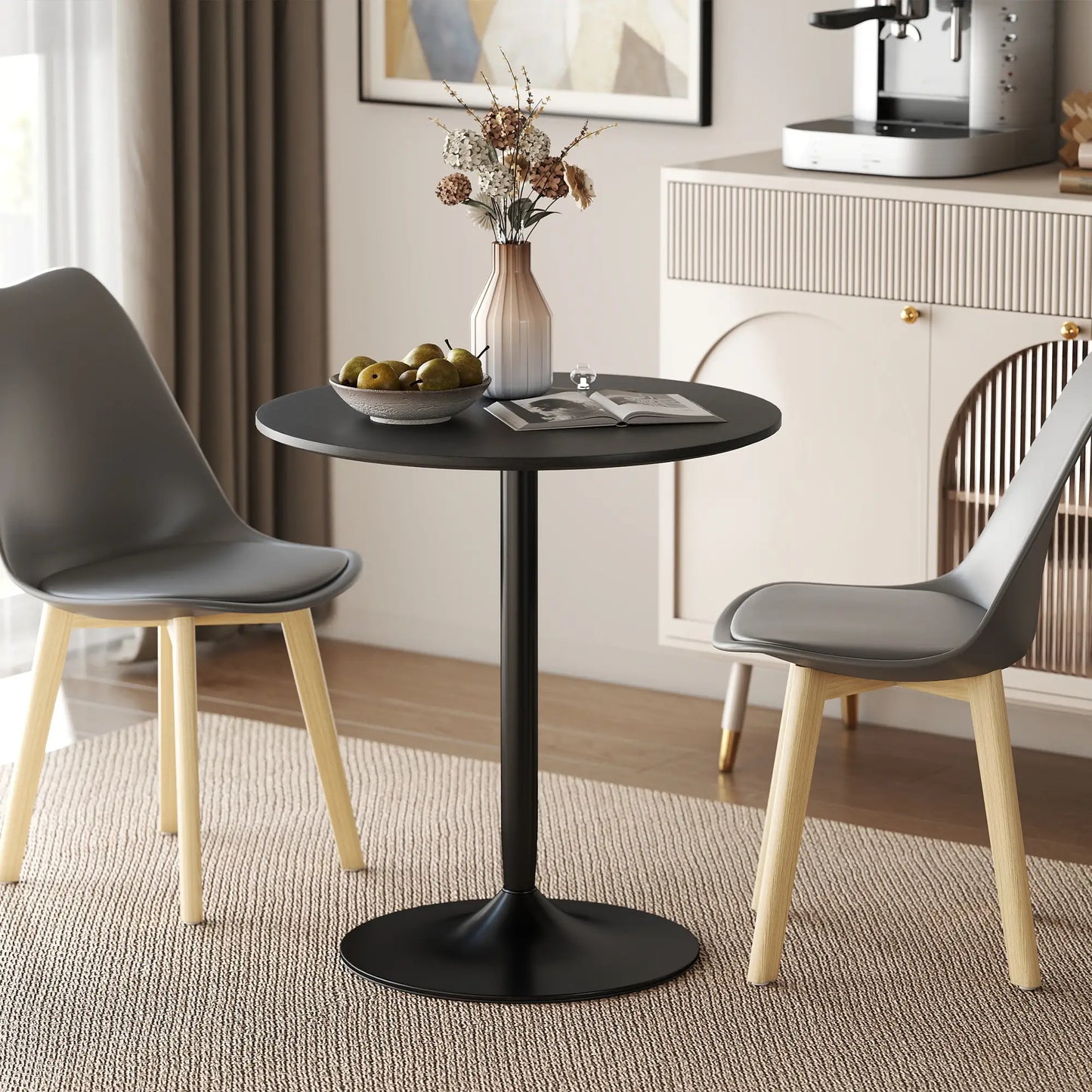 27.6" Round Kitchen Table for 2, Wood Veneer, Steel Base, Black Dining Tables at Gallery Canada