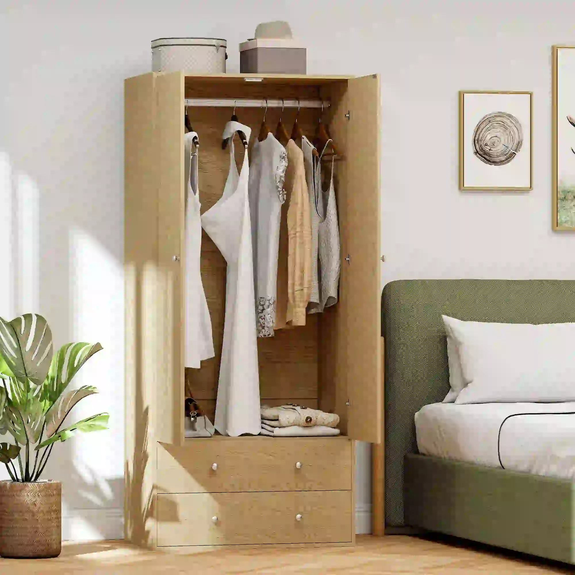 Modern Wardrobe Closet, 2 Drawers, Hanging Rod, Natural Wood Clothing Storage at Gallery Canada