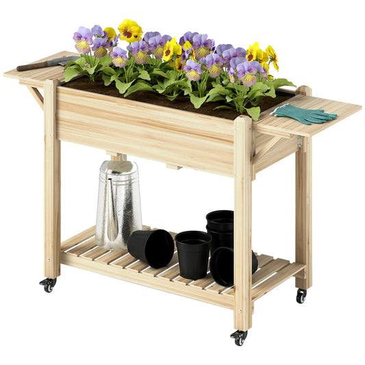 Lit de jardin surélevé, bac à fleurs en bois avec roues, tables d'appoint, naturel