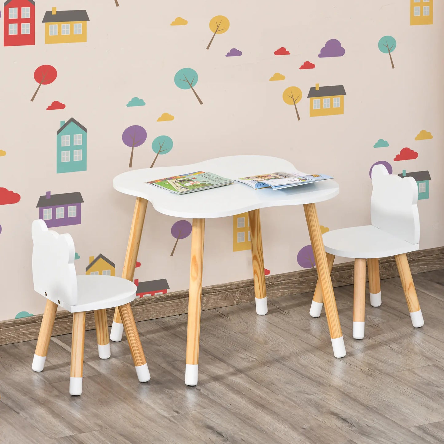 Kids Wooden Table, 2 Chairs Set, Bear Shape, Rounded Corners, White Kids Table Sets at Gallery Canada