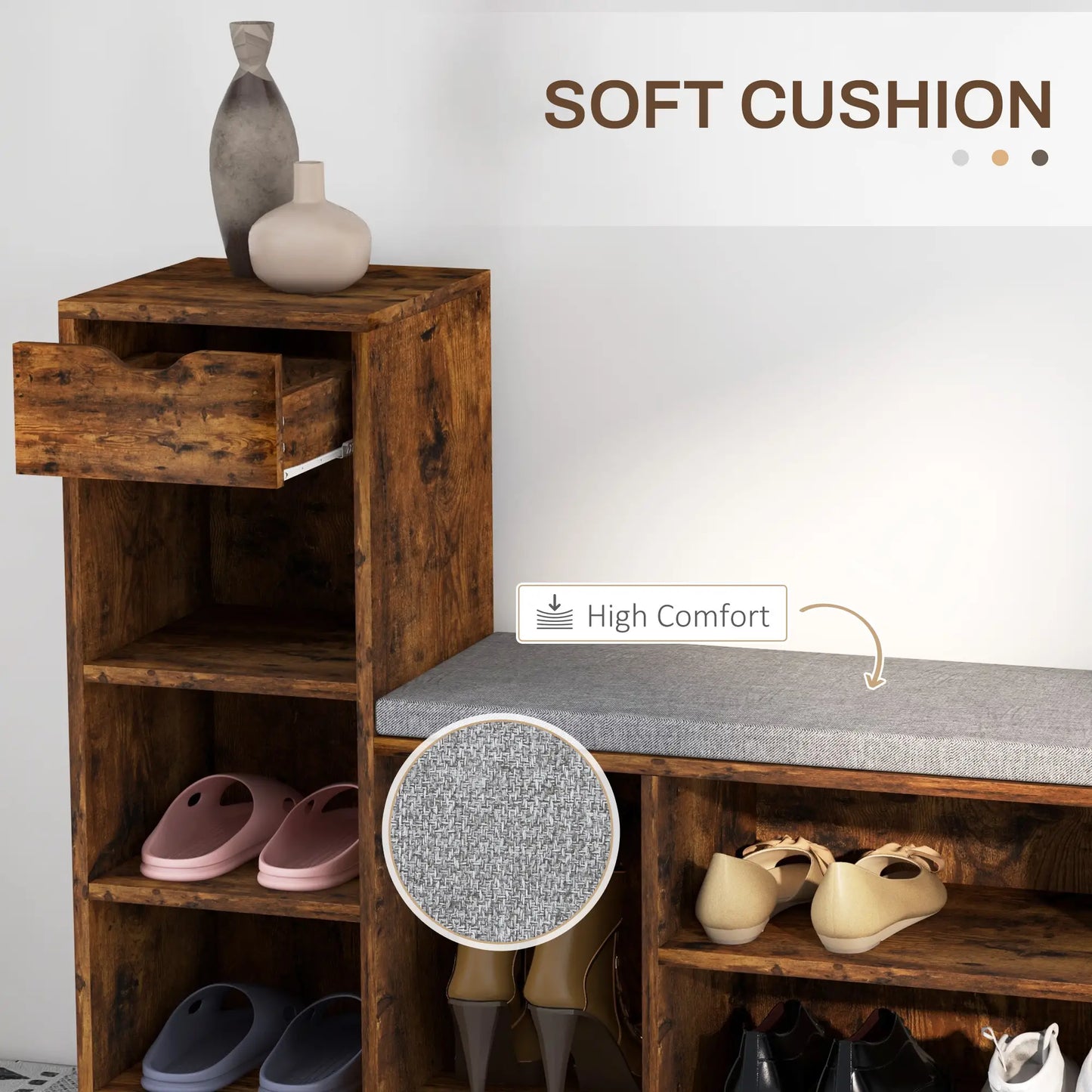 Upholstered Shoe Storage Bench With Seat, Drawer, 6 Shelves, Rustic Brown Shoe Storage Cabinets & Racks at Gallery Canada