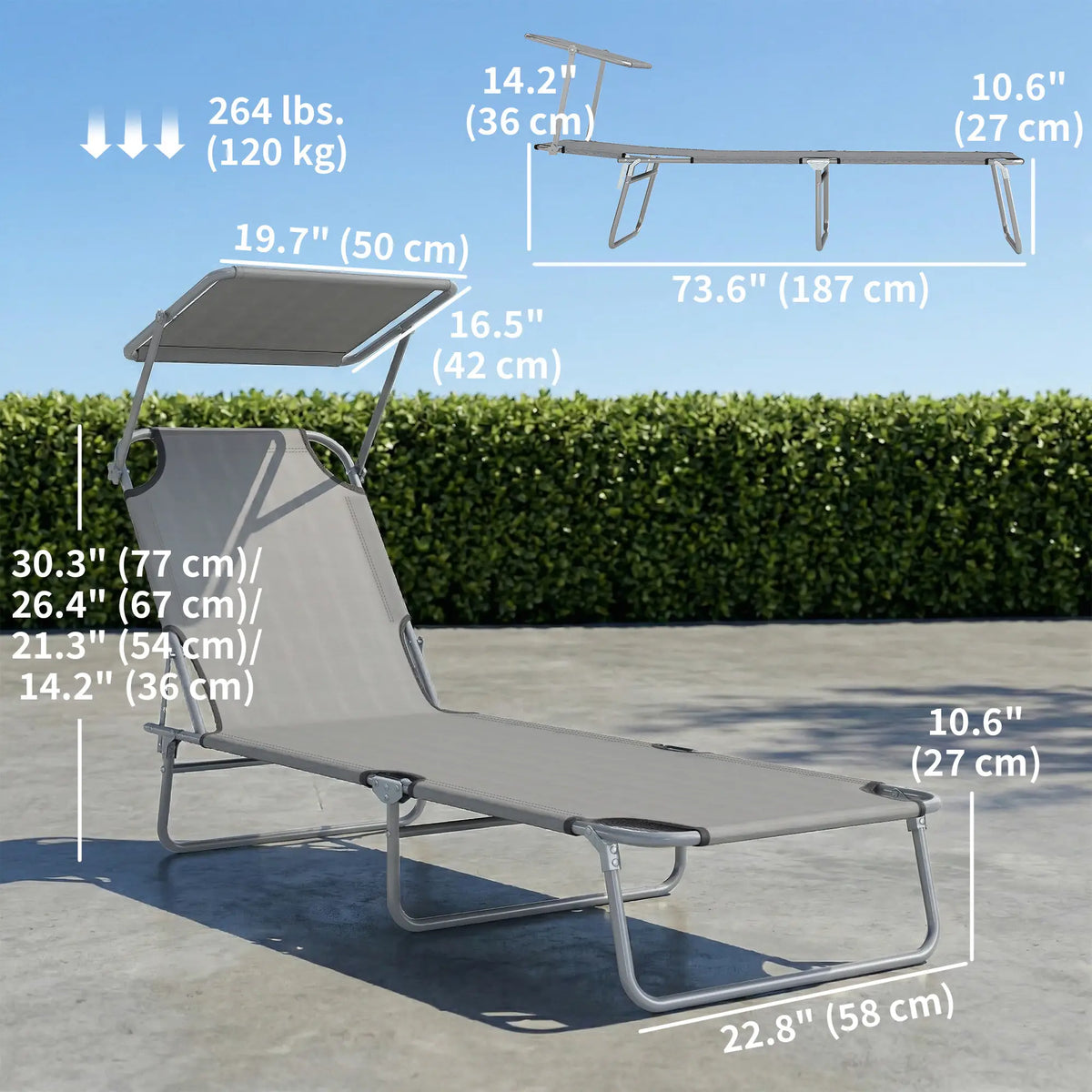 Outdoor Lounge Chair, Adjustable Folding Chaise, Sun Shade, Light Grey